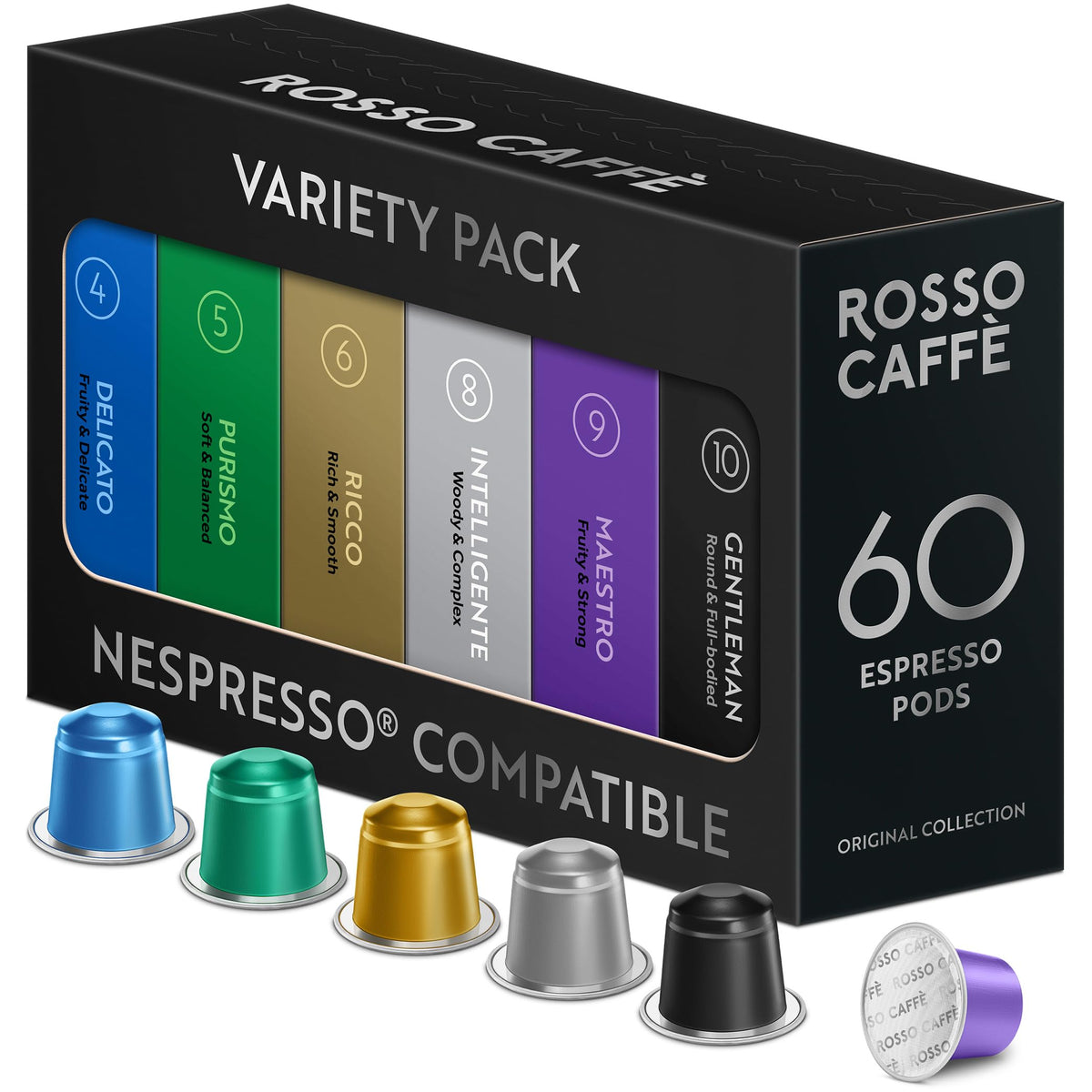 ROSSO CAFF? 60 Nespresso Machine Compatible Capsules, Variety Pack, 6 Flavours, Aluminium Coffee Pods