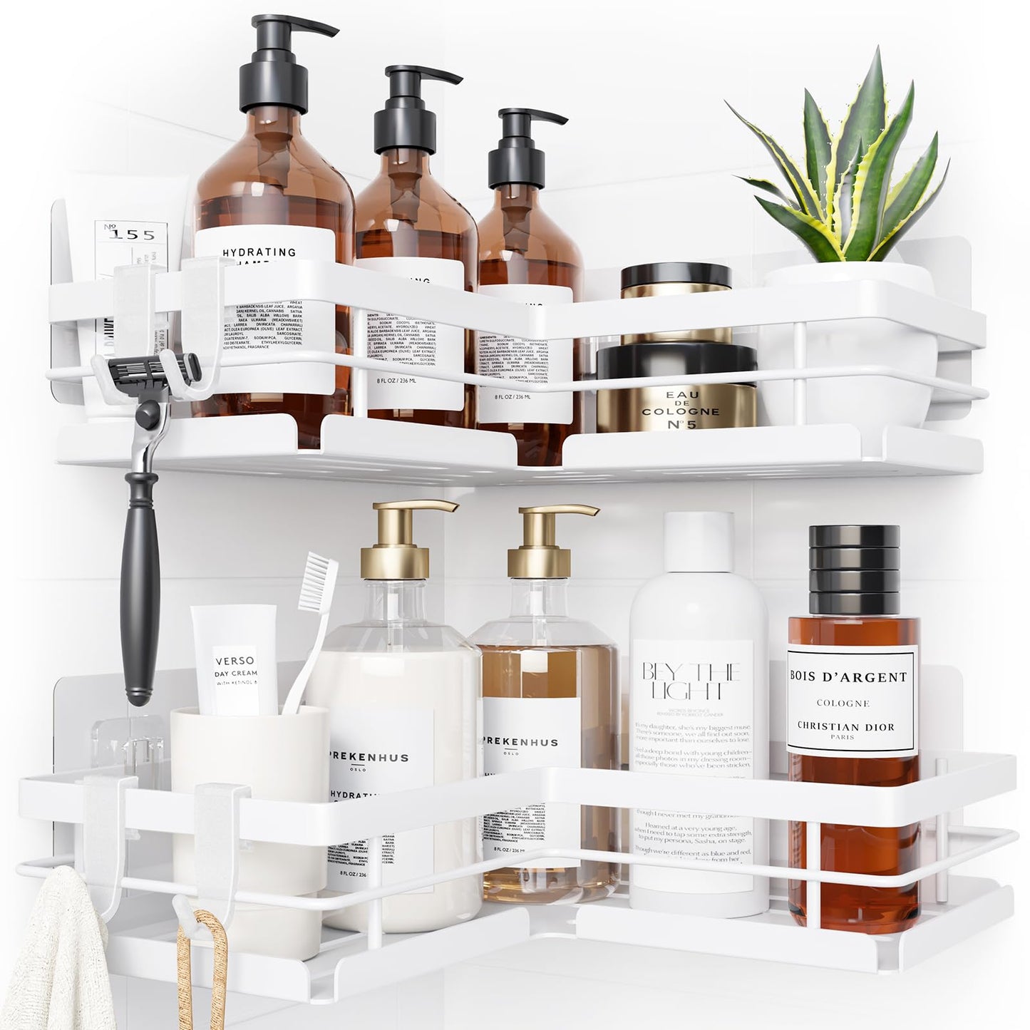 Kitsure Corner Shower Caddy – 2-Pack Adhesive Bathroom Shelves, White, L