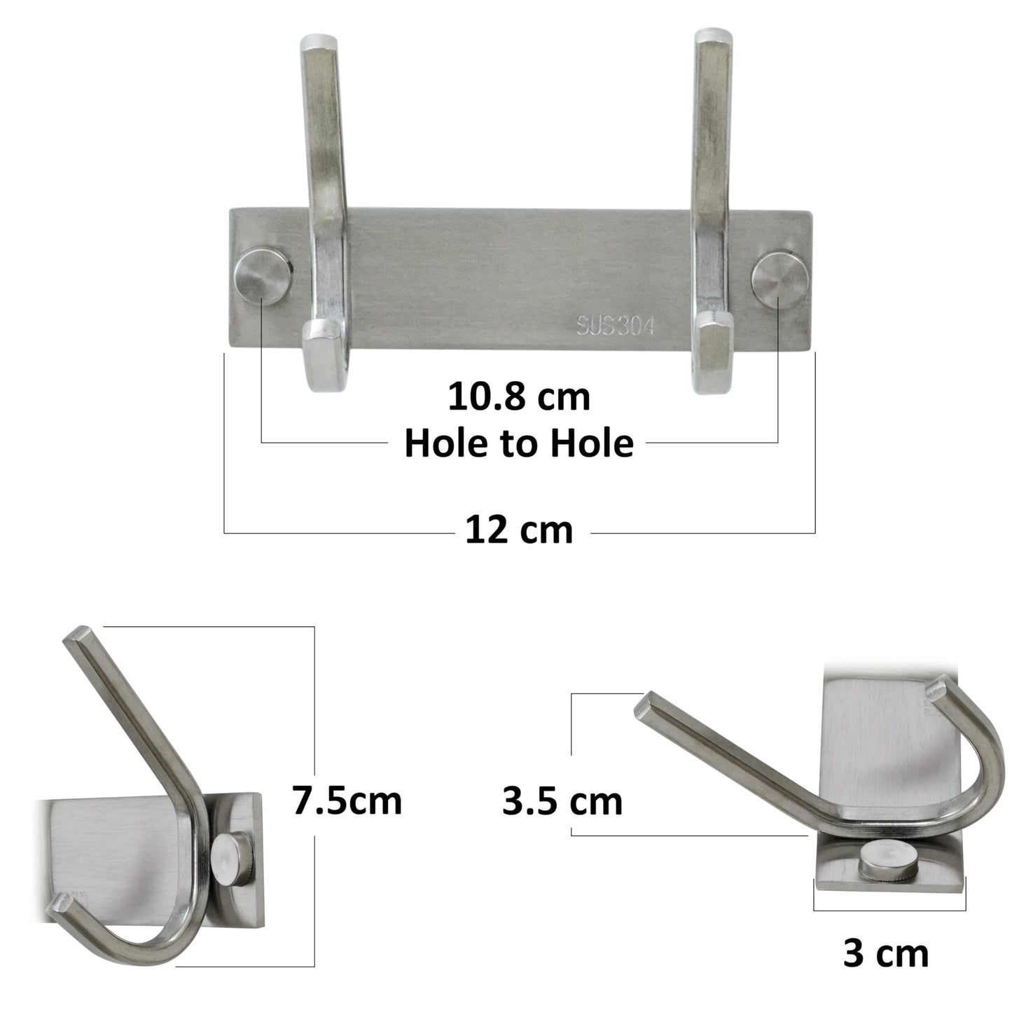 HONSKY Wall Coat Rack, Towel Rack, 12cm Metal Wall Coat Hanger with 2 Double Hooks (4 Single Hooks),for Hanging Coat, Hat, Bag, Towel