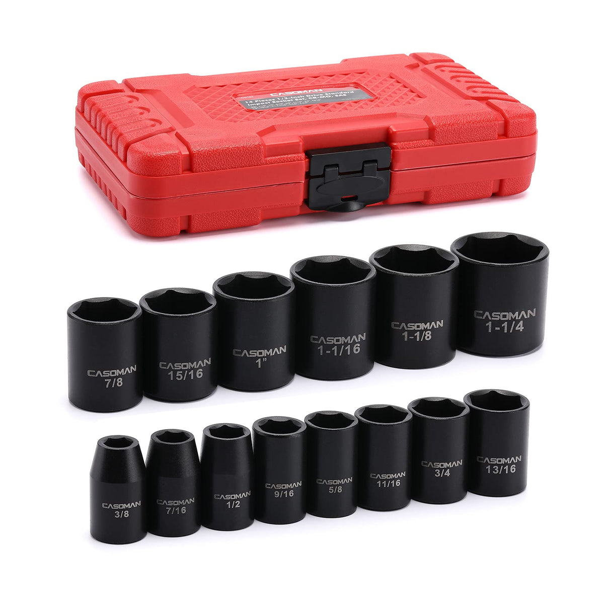 CASOMAN 14 Pieces 1/2-Inch Drive Shallow Impact Socket Set, 6-Point, SAE, 3/8" to 1-1/4"