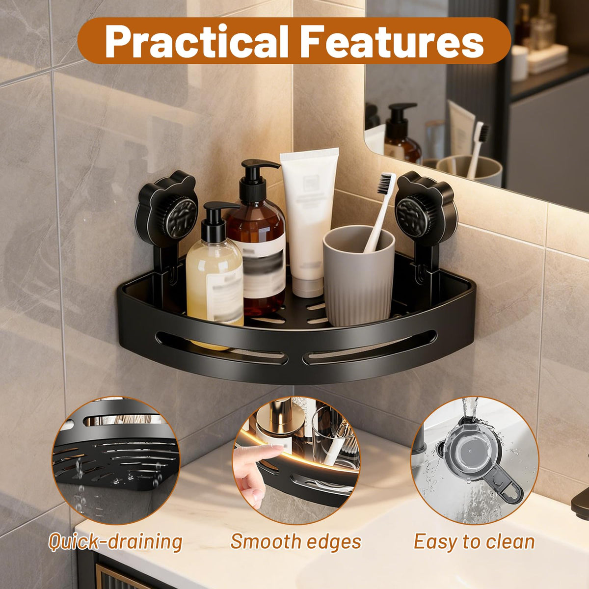 Qubitly Cute Black Bear Corner Shower Shelf, No Drilling Suction Cup Bathroom Organiser