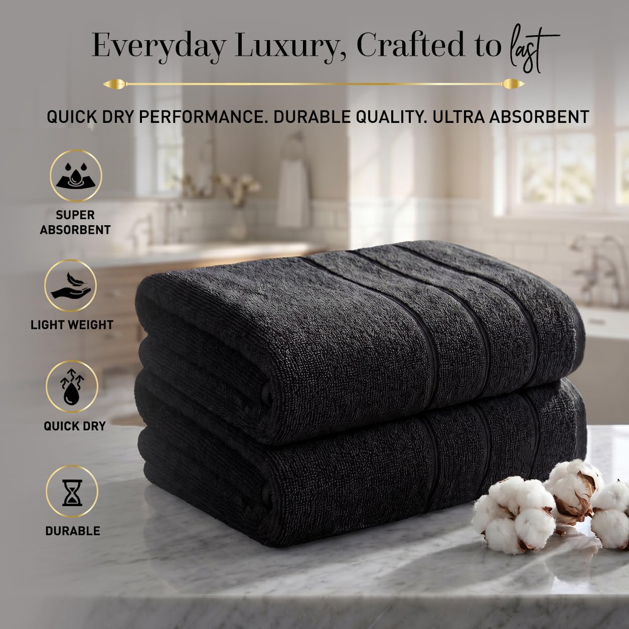 Large Bath Towels Set of 2 I 100% Cotton I Bathroom Towels I Black