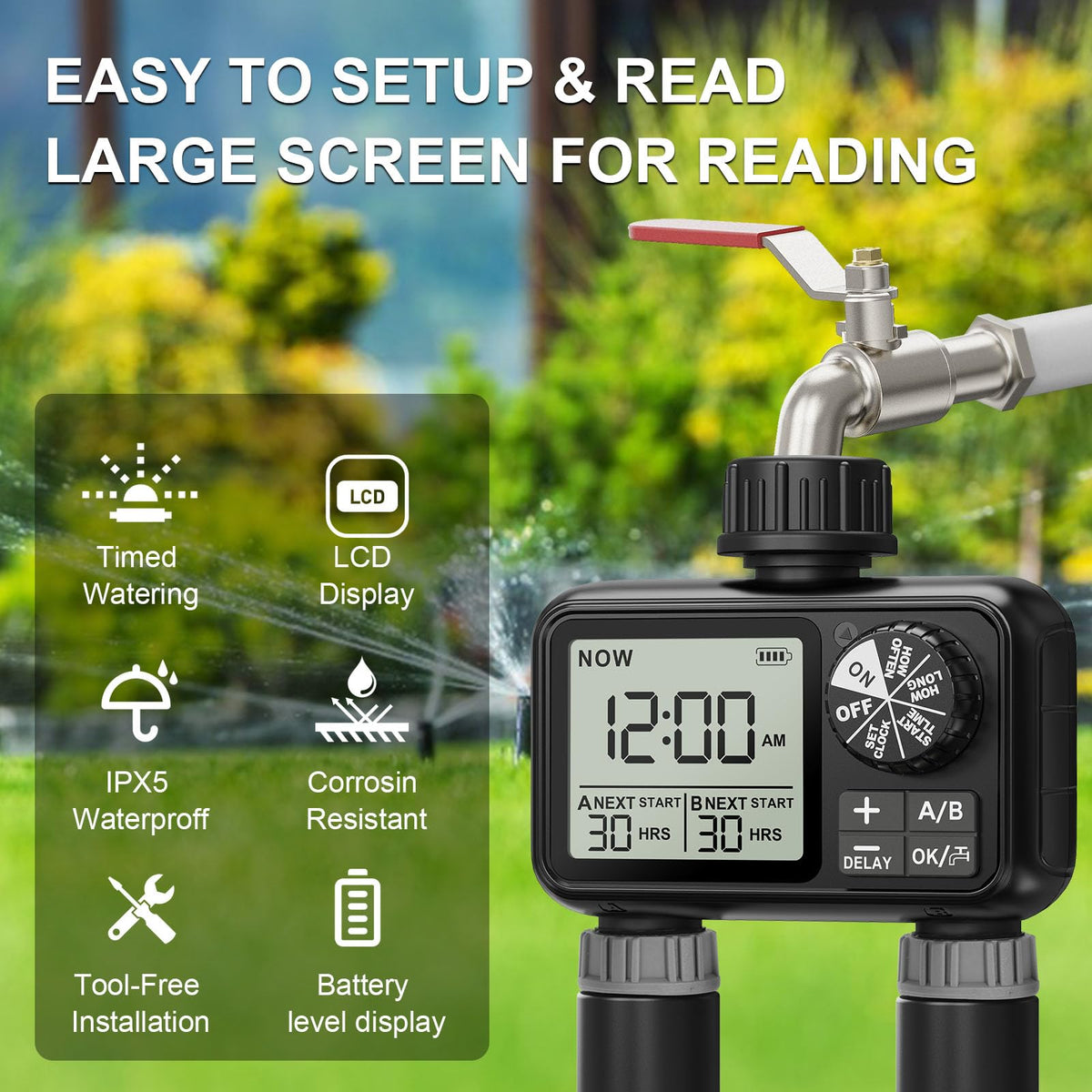 Xtsuen Water Timers for irrigation, Hose Timer with Rain Delay/Automatic & Manual Mode, Sprinkler Timer for Garden IPX5 Waterproof/Large Screen LCD