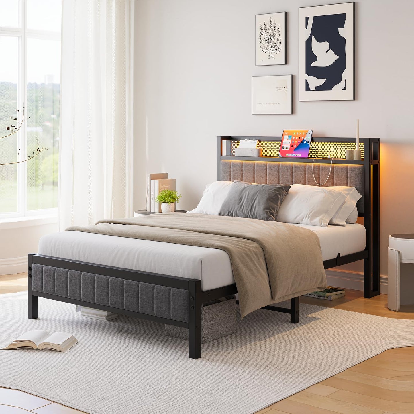 MOFLUT Single Bed Frame with Upholstered Headboard, No Box Spring Needed