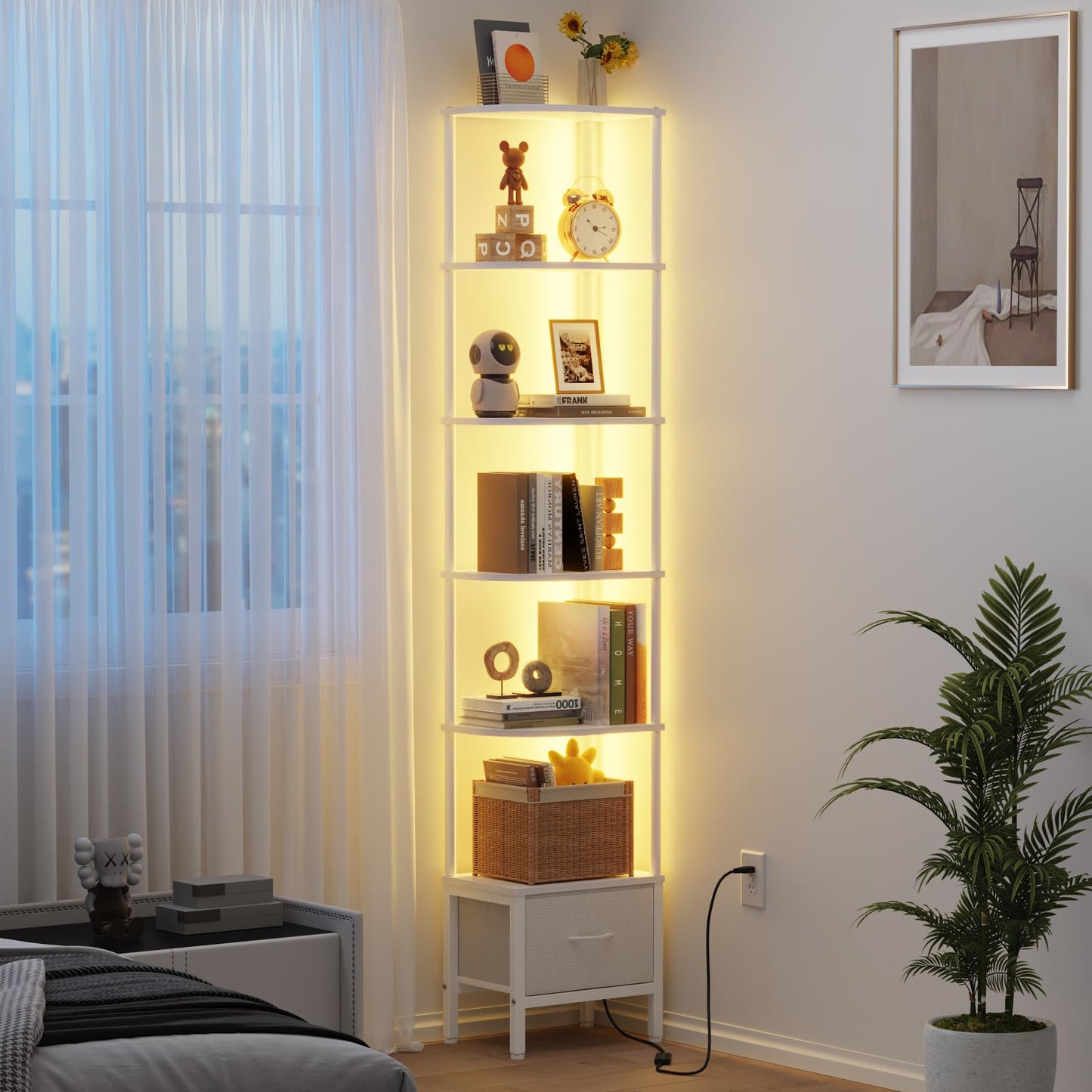 OYRREU 6-Tier Corner Shelf with LED Light & Fabric Drawer, White