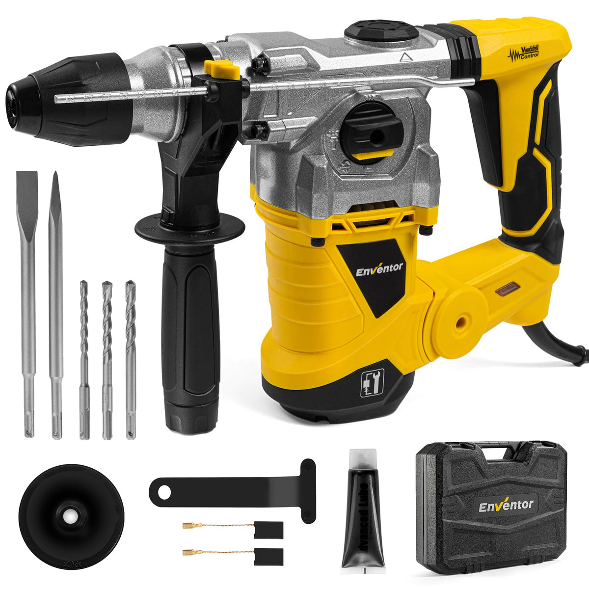 Enventor Hammer Drill, 1500W Heavy Duty Electric Rotary Hammer Drill, 360? Auxiliary Handle, SDS-Plus, for Concrete, Masonry, Brick, Steel, Wood