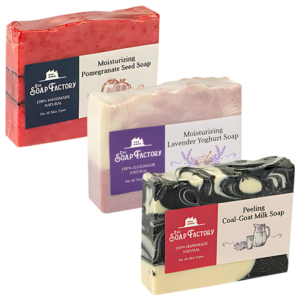 Natural Handmade Soap Gift Set (3 Pack) ? Peeling Charcoal, Goat Milk & Lavender Yoghurt Bars with Pomegranate Seed Rosemary ? Detox, Moisturising &