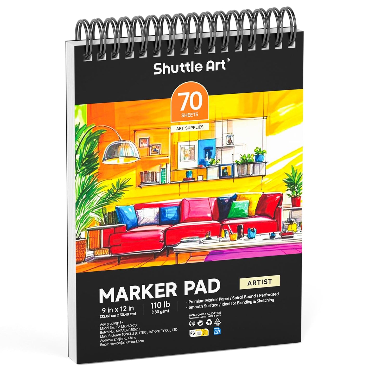 Shuttle Art Marker Pad, 12?x9? Portable Sketchbook, 70 Sheets Marker Drawing Paper, 110LB/180GSM Smooth Surface Bleedproof Art Paper, Spiral-Bound,