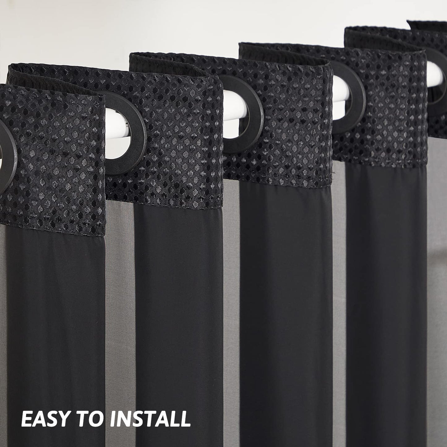 Furlinic Shower Curtain Hookless Black Jacquard Waffle Fabric 75inch Long Weighted Anti Mould with White Polyester Snap in Liner and Mesh Curtains