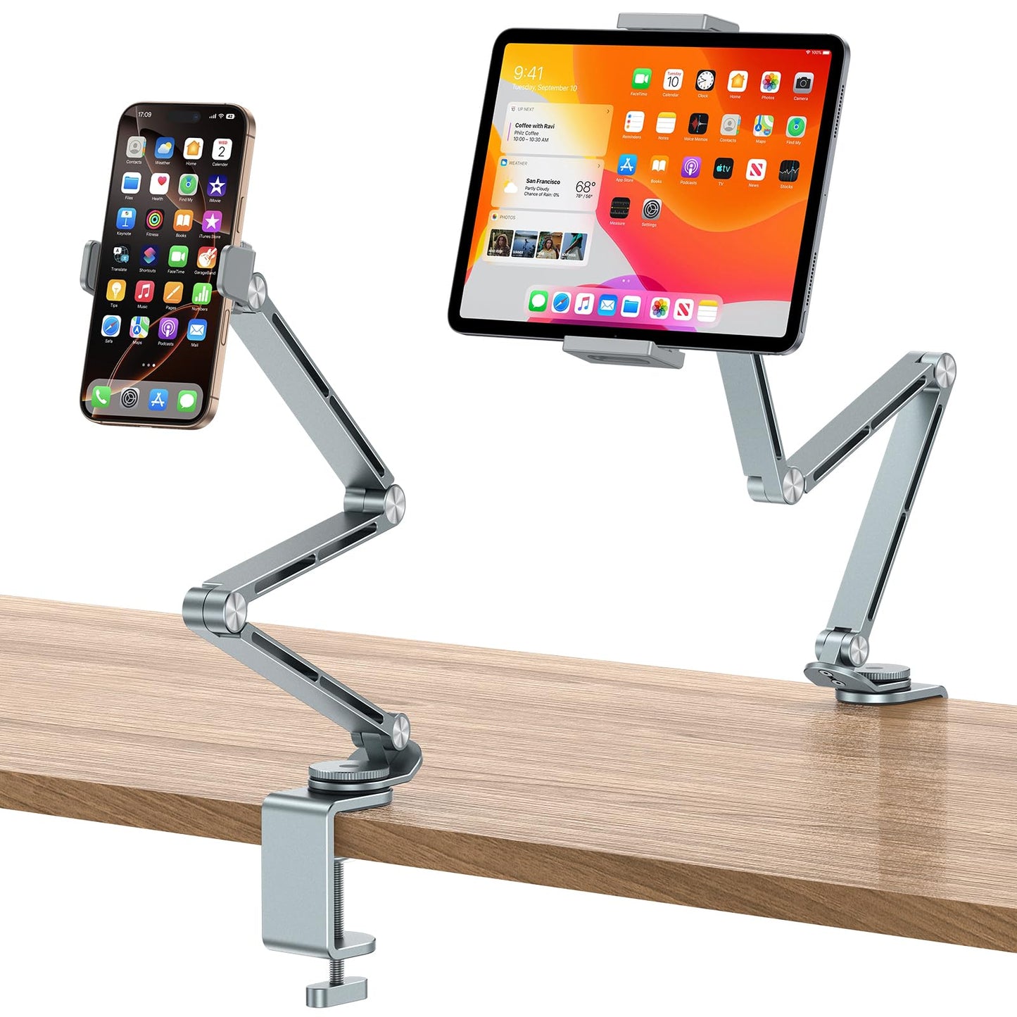 OMOTON Aluminum Tablet Stand for Desk, 360? Rotatable Tablet Holder for iPad, Adjustable Overhead Phone Mount, Phone Stand for Bed with Stable Arm