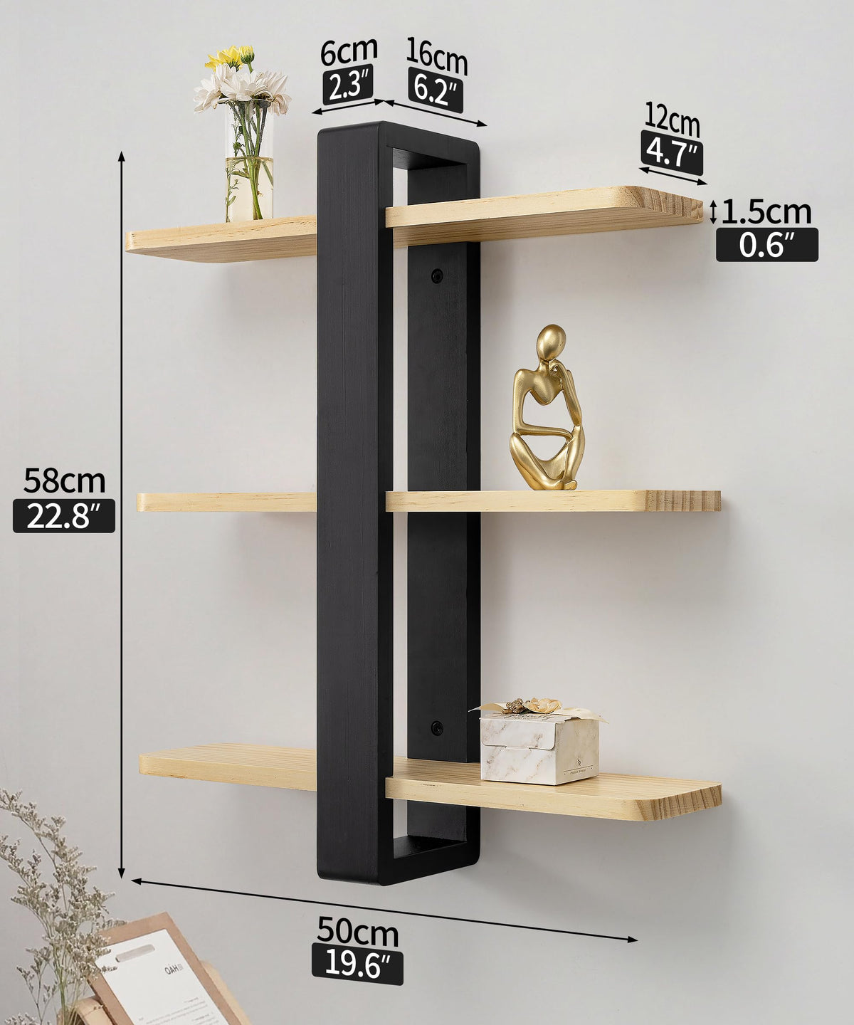 SUMGAR Floating Shelves for Wall Mounted Shelving Unit All Pine Wood 50CM 3 Tier Large Shelf for Bedroom Living Room Office Bathroom Home Decoration