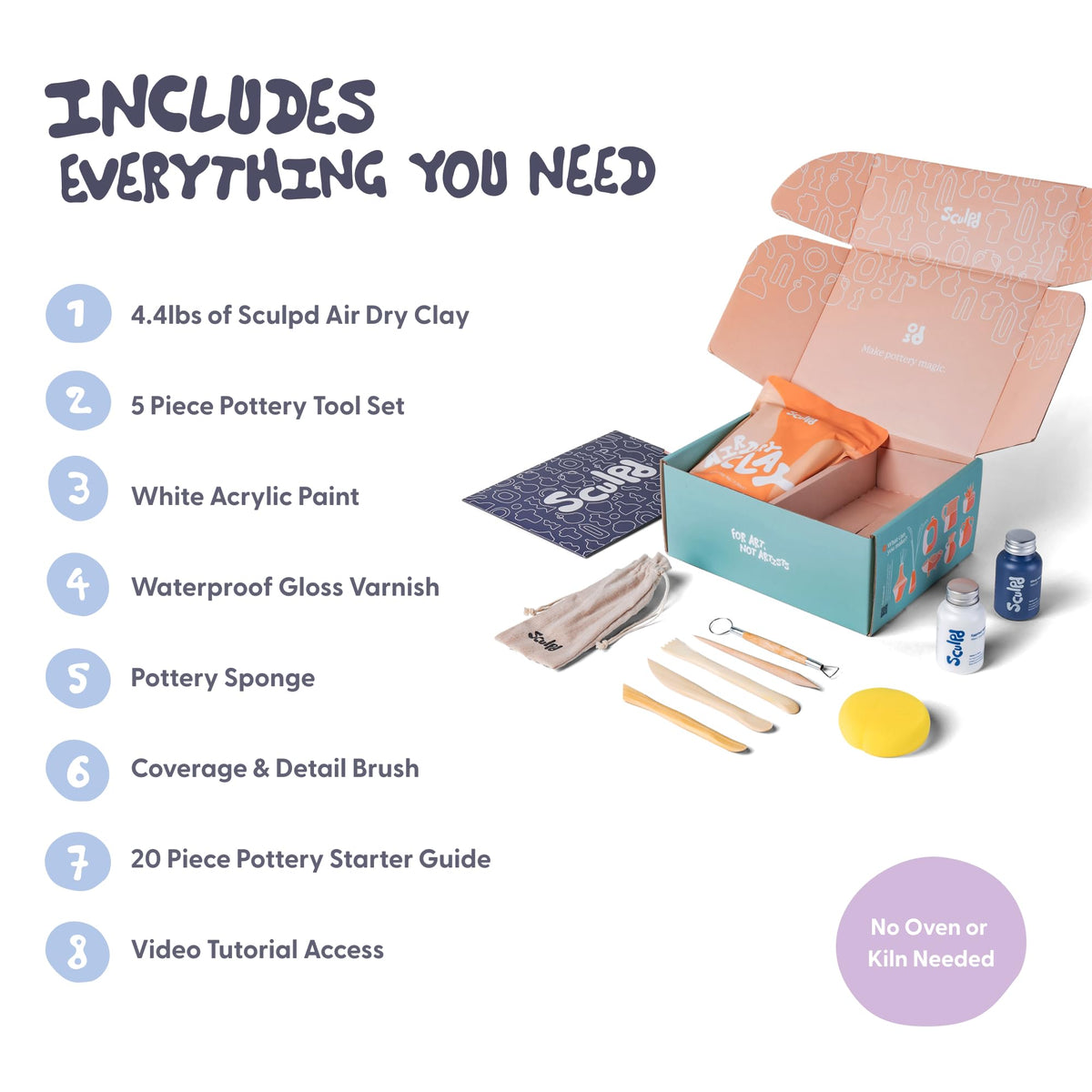 Sculpd Pottery Starter Kit - Complete Air Dry Clay Beginner Set for 2 Adults: Includes Sculpting Tools, Gloss Varnish, Paint Brushes, Guide, Video