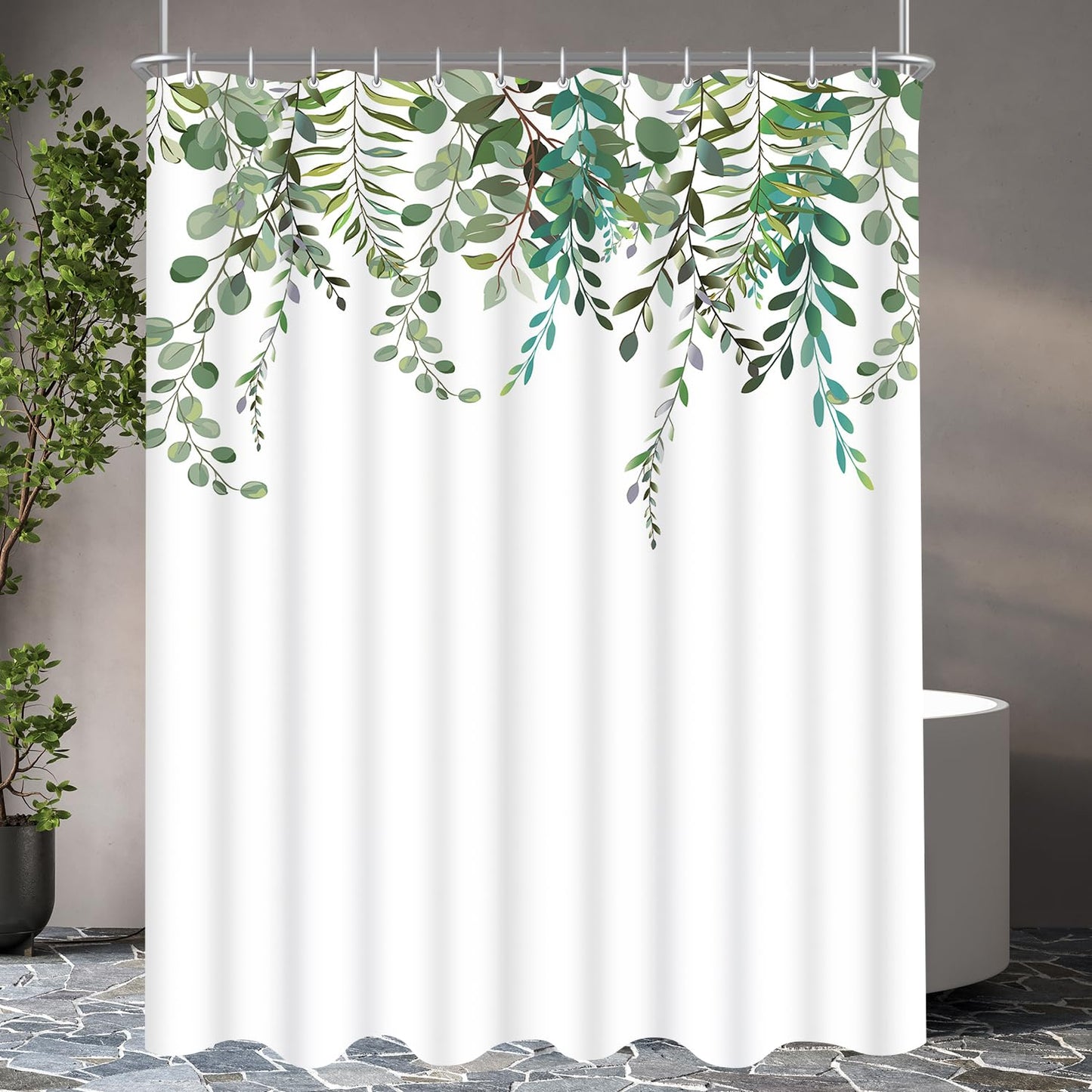 Lerores Shower Curtain 180 x 200 cm Anti-Mould Textile Shower Curtains, Leaf, Waterproof, Weighted Hem, Washable Polyester Fabric Bath Curtains for