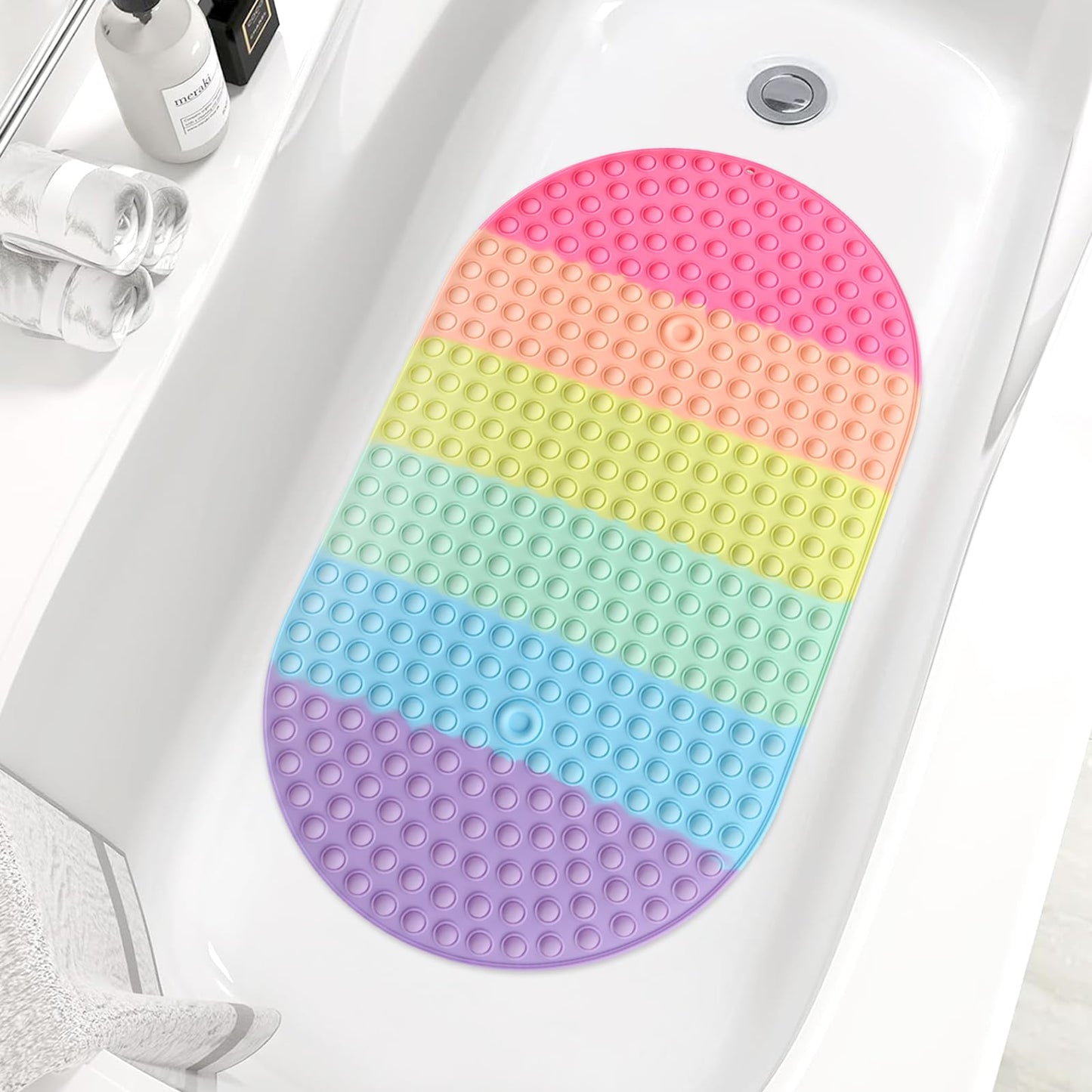 ZOKBOM Bath Shower Mat Non Slip 69x39cm, Oval Bathtub Mats Anti Mould, Colourful Silicone Bath Mat for Tub with Suction Cups, Machine Washable & BPA