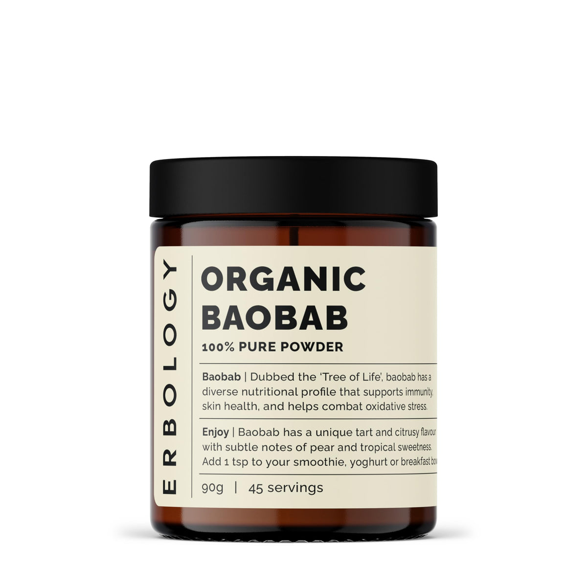 Erbology Organic Baobab Powder 90g - 45 Servings - Skin Health and Immunity Support - Rich in Vitamin C, B Vitamins and Polyphenols - Sustainably