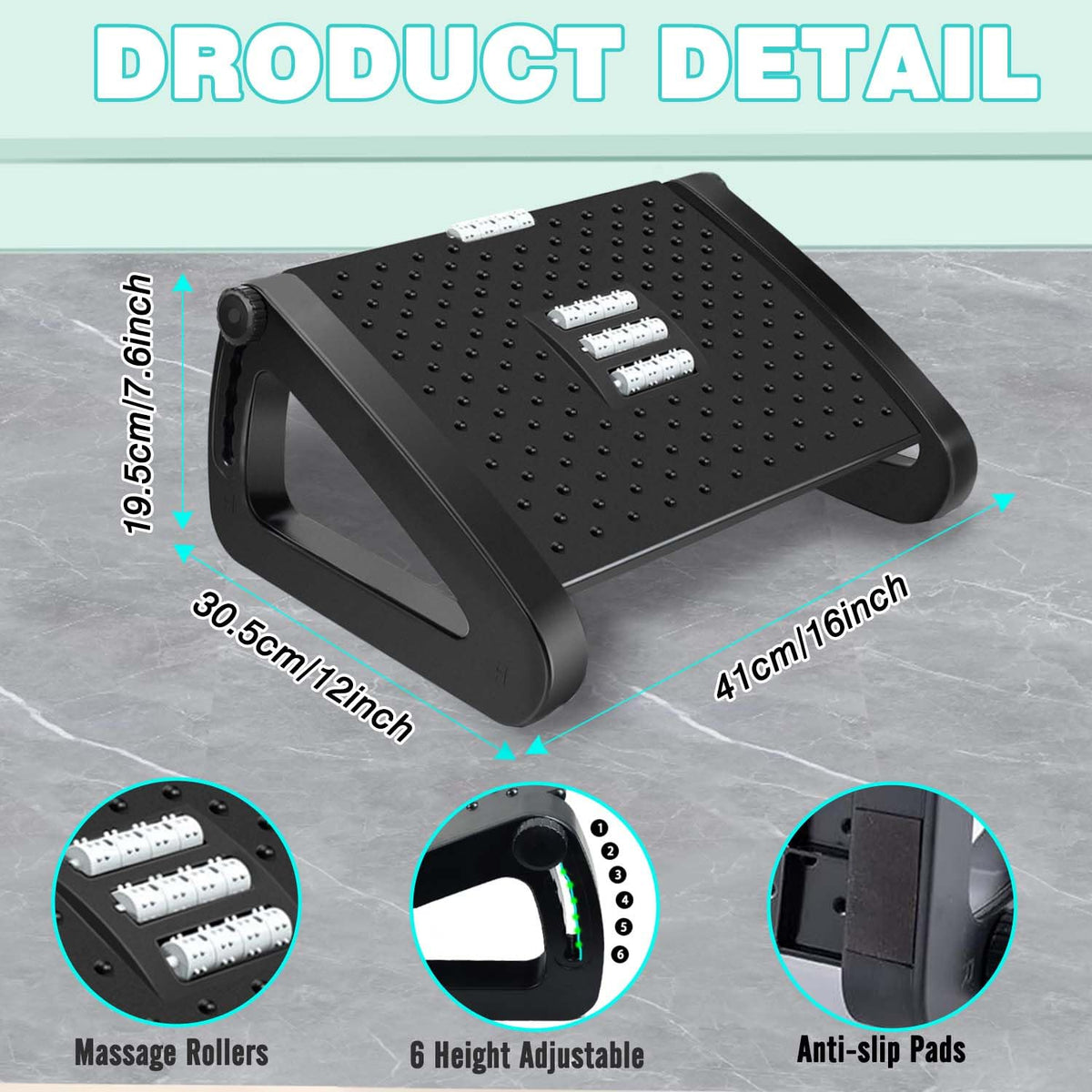 Hmfmdy Foot Rest Under Desk, Office Foot Rest with Massage Texture and Roller, Adjustable Height Ergonomic Foot Stool Under Desk for Office and Home