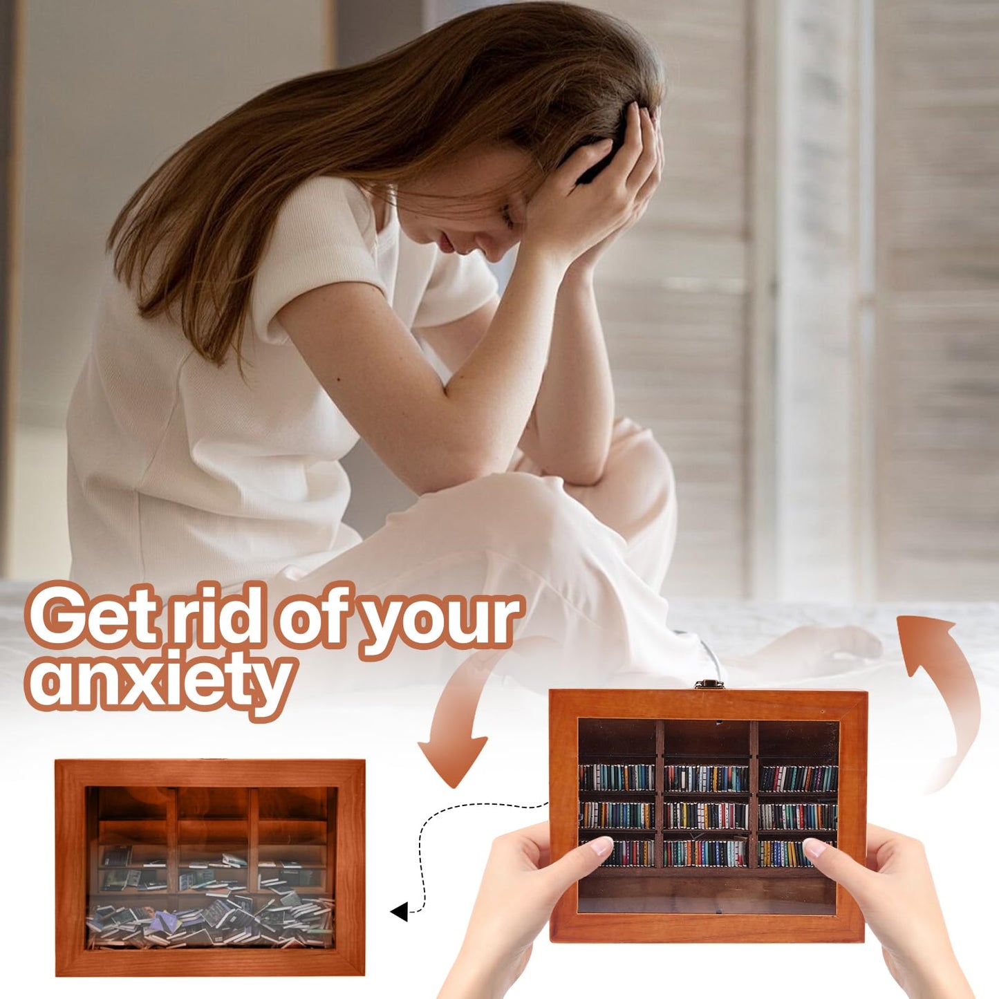 NCOALE Anxiety Bookshelf Shake Away Your Anxiety, Mini Bookshelf with 200 Miniature Books Wooden Miniature Library for Book Lovers & Anxious