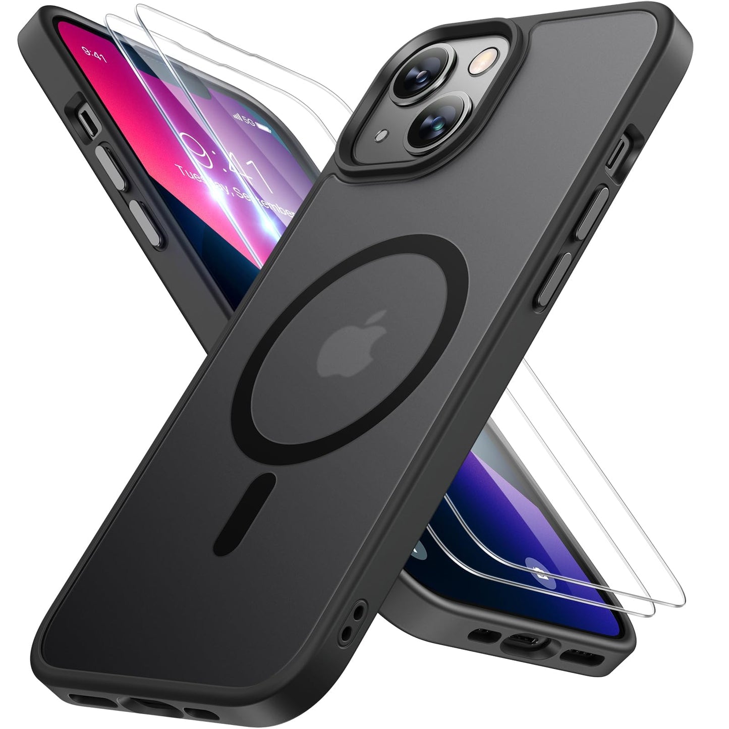 Miracase for iPhone 13 Case for MagSafe [with 2X Screen Protectors] [TOP Military-Grade Protection] Anti-Fingerprint, Translucent Matte Shockproof