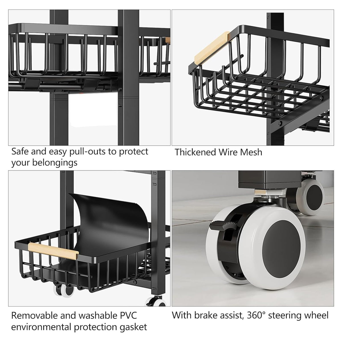 5-Tier Utility Kitchen Storage Cart with Pull-Out Baskets and Wooden Tabletop, Rolling Cart with Wheels for Kitchen, Living Room, Dining Room