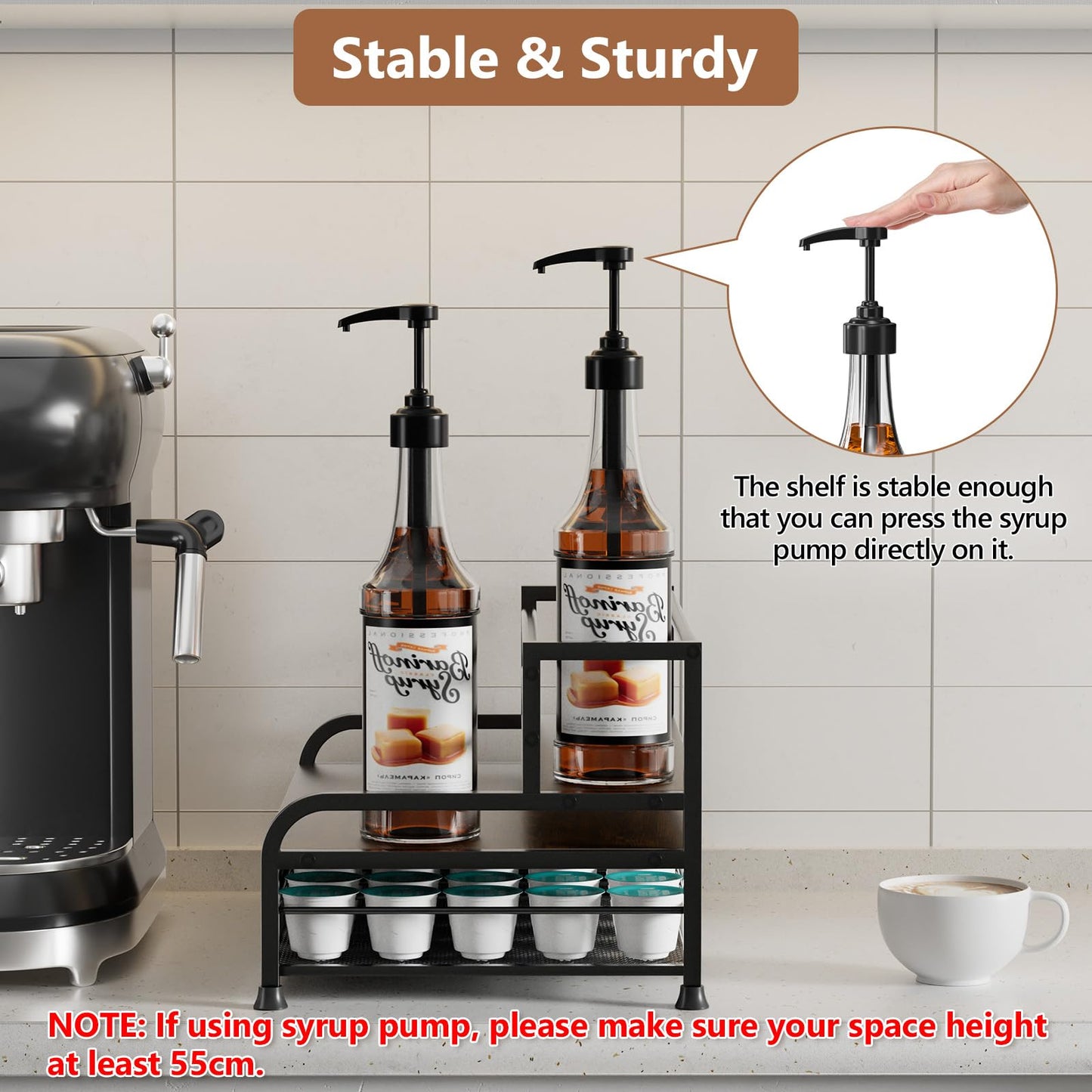 Coffee Syrup Organizer, 3-Tier 8 Bottles Coffee Syrup Stand with 35 K Cup Storage Drawer for Coffee Bar, Coffee Pod Holder for Syrup, Tea, Wine,