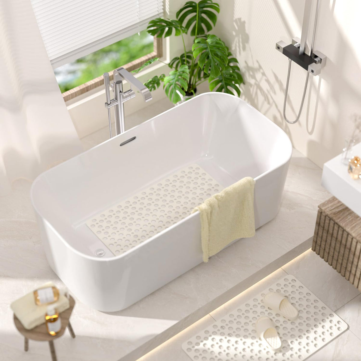 HITSLAM Bath Mat Non Slip Anti Mould, 70 x 38cm TPE Shower Mat for Bathtub & Shower, Machine Washable with Large Drain Holes and Strong Suction Cups
