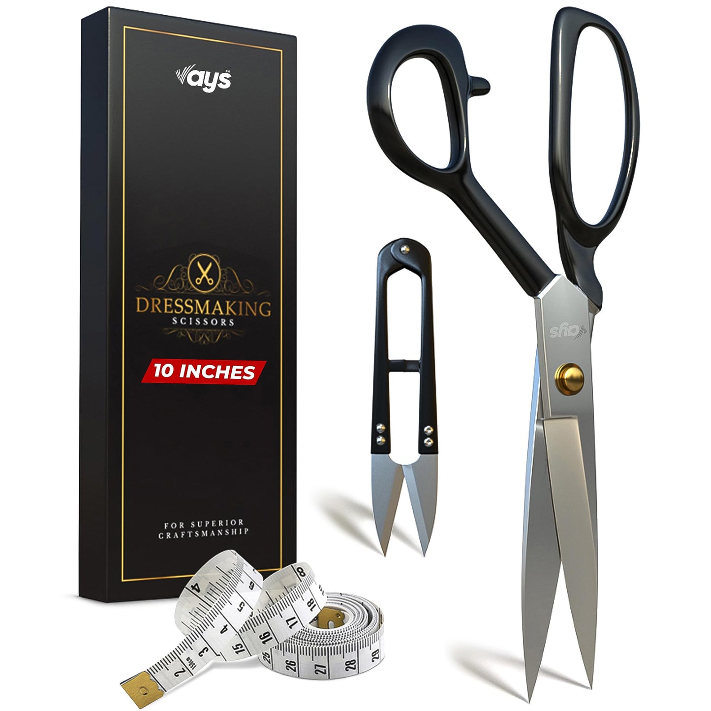 VAYS Dressmaking Scissors (10 inches) Premium Dressmaking Scissors for Sewing Tailoring & Crafting - with Sharp Thread Nipper & Measuring Tape - Ideal