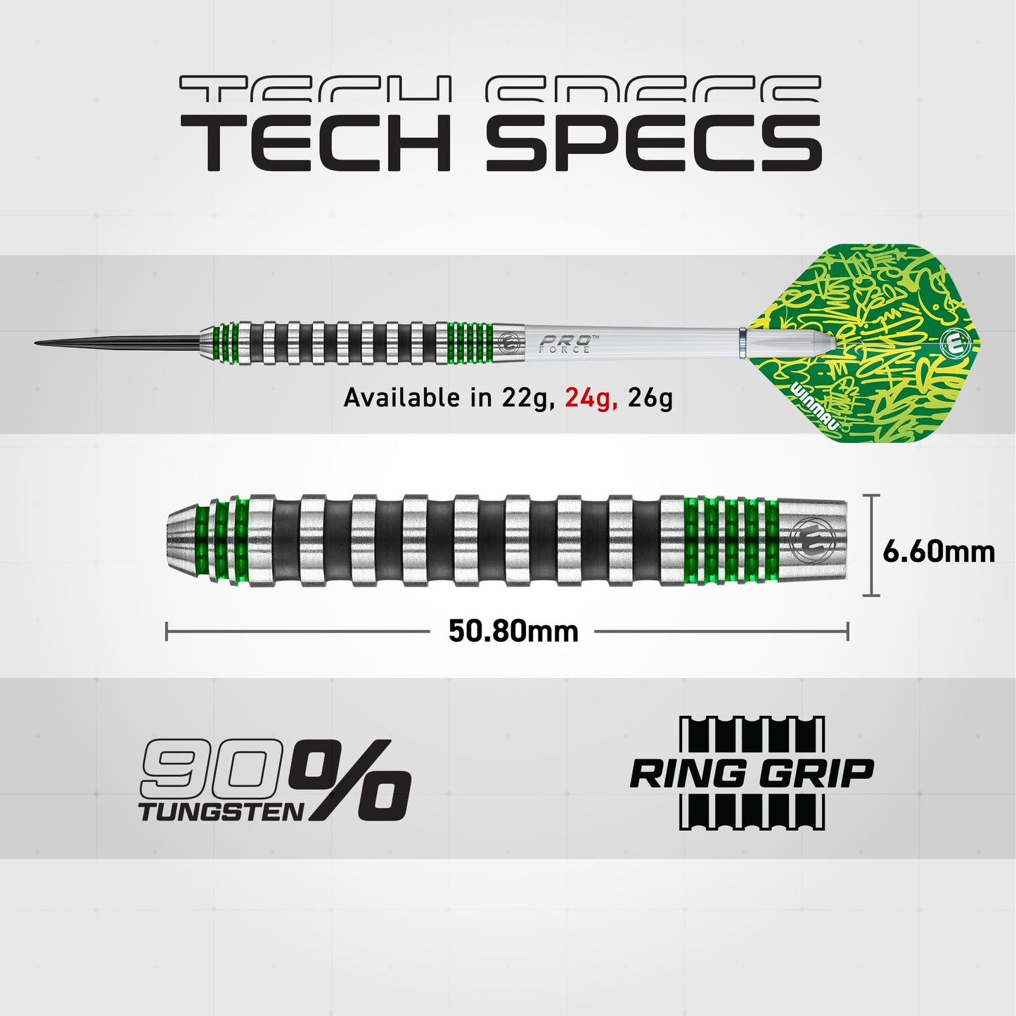 WINMAU Advance 500 Series Tungsten Green 24 Gram Steeltip Darts Set with Flights and Shafts (Stems)