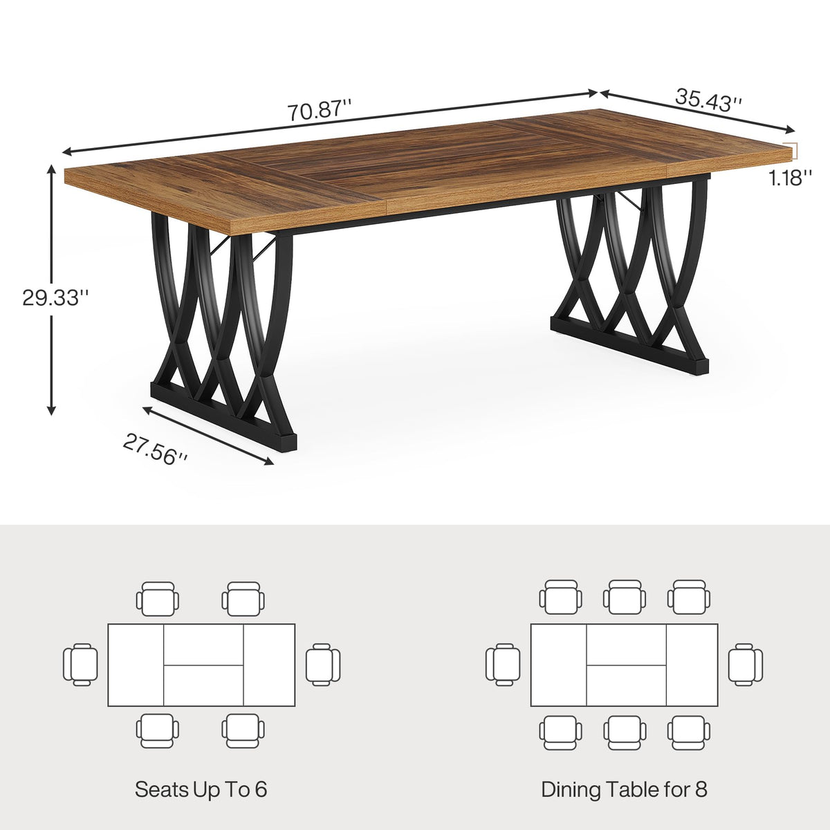Tribesigns Dining Table for 6-8 People, 70.86-Inch Rectangle Wood Kitchen Table, Dinner Table with Heavy Duty Metal Frame for Kitchen, Living Room