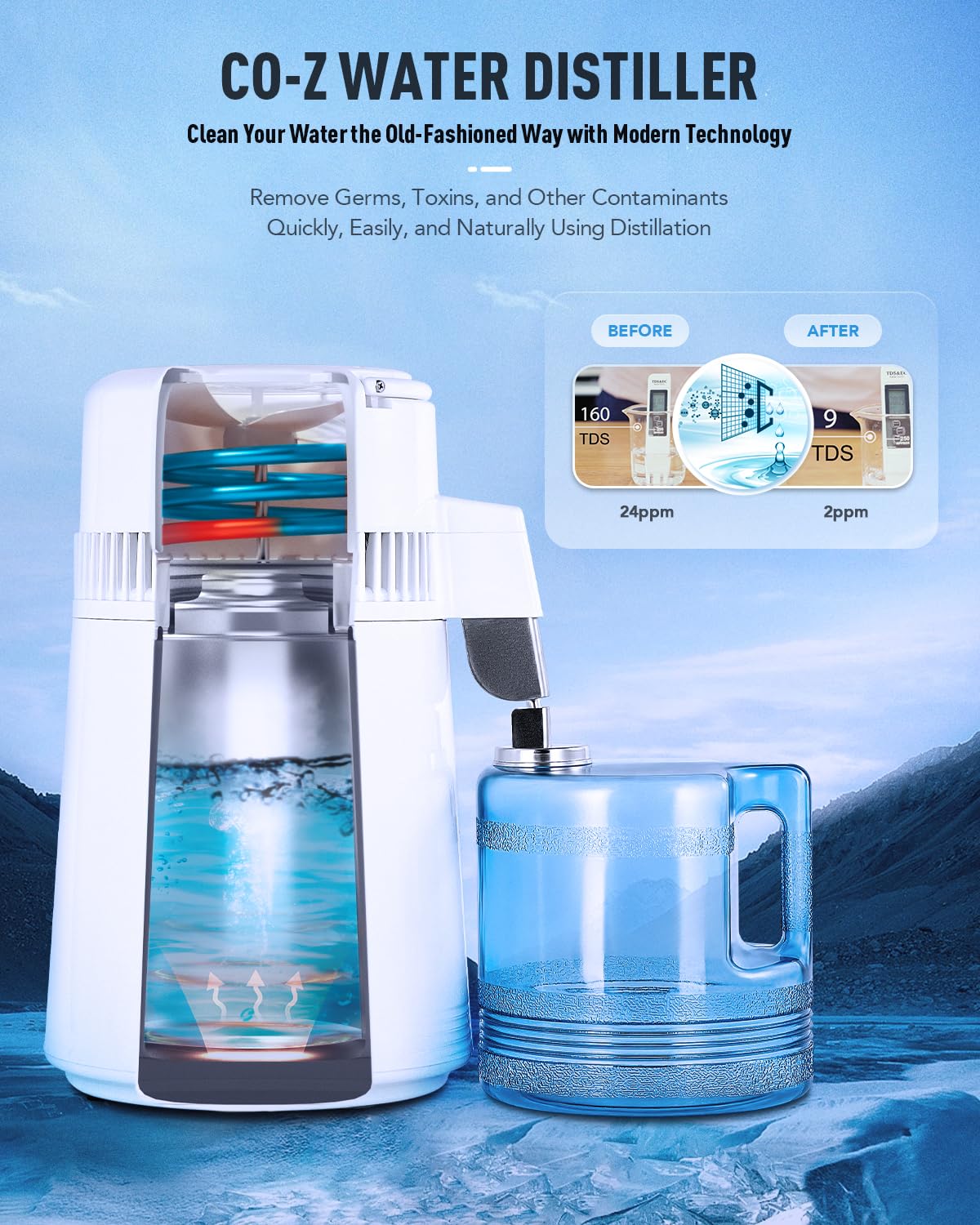 CO-Z Water Distillers, Pure Distilled Water Machine for Home Countertop Table Desktop, 4L Distiller Water at Home, 4 Liter Water Purifier to Make