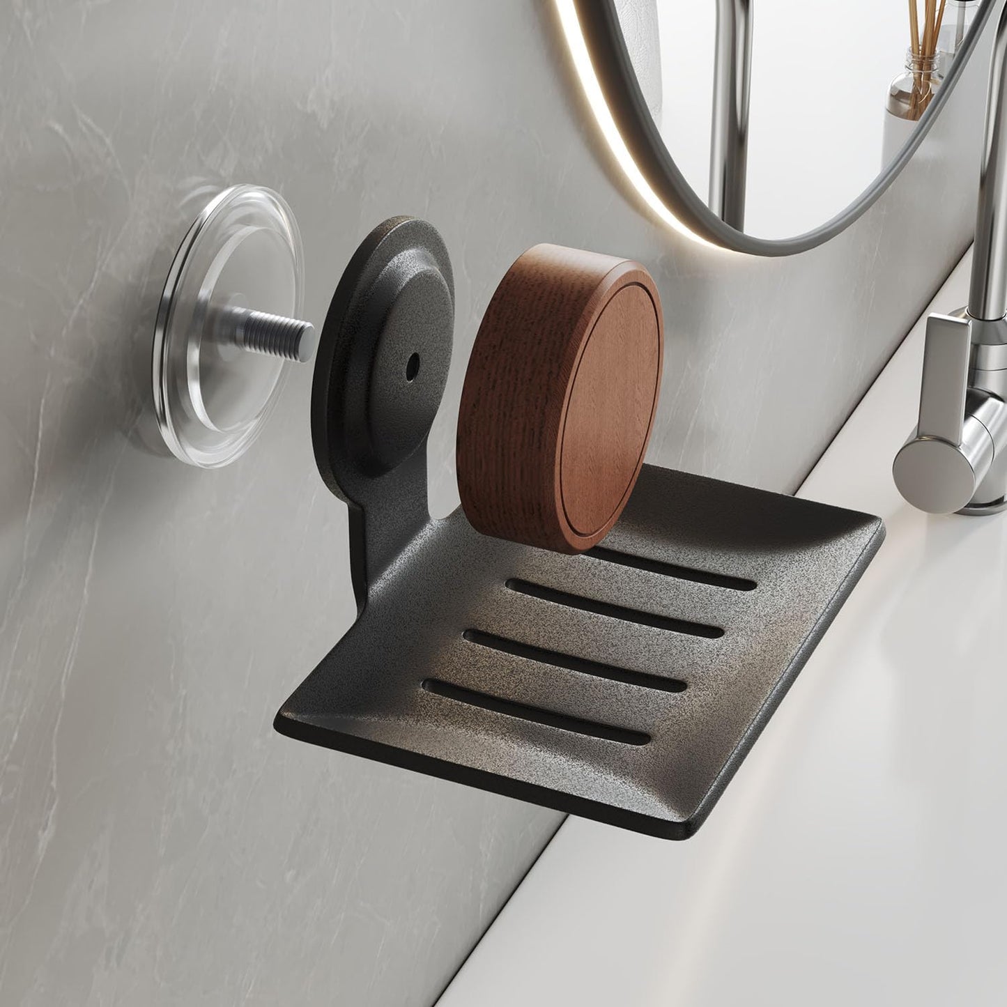 2-Pack Aluminium Soap Dish with Walnut Suction Cup - No Drill, Self-Draining with Holes, For Glass, Mirror & Metal (Bathroom & Kitchen)