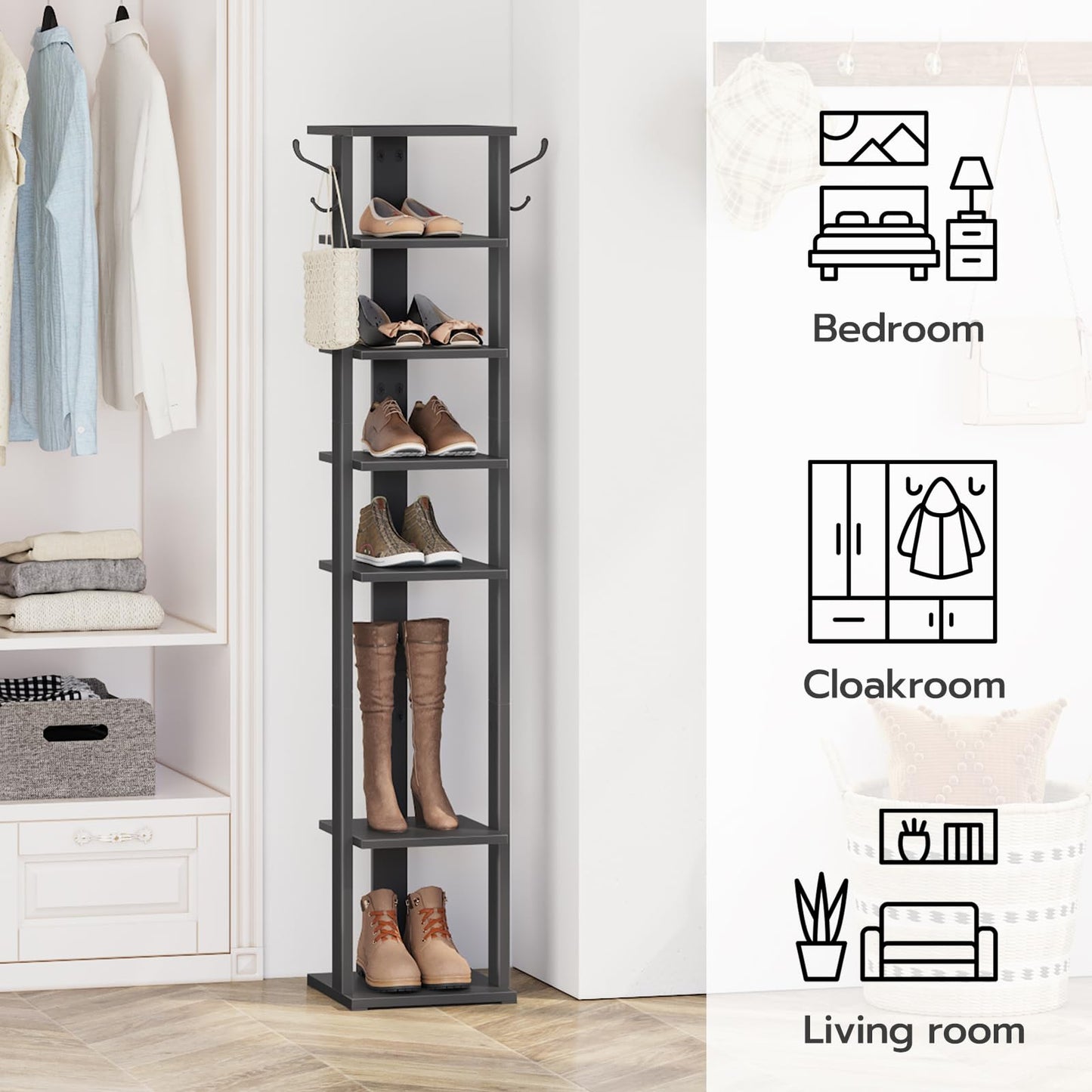 HOOBRO Tall Shoe Rack Wooden, Narrow Shoe Storage Organizer with 2 Hooks, Slim Shoe Shelf, Vertical Shoe Tower for Entrance, Living Room, Hallway