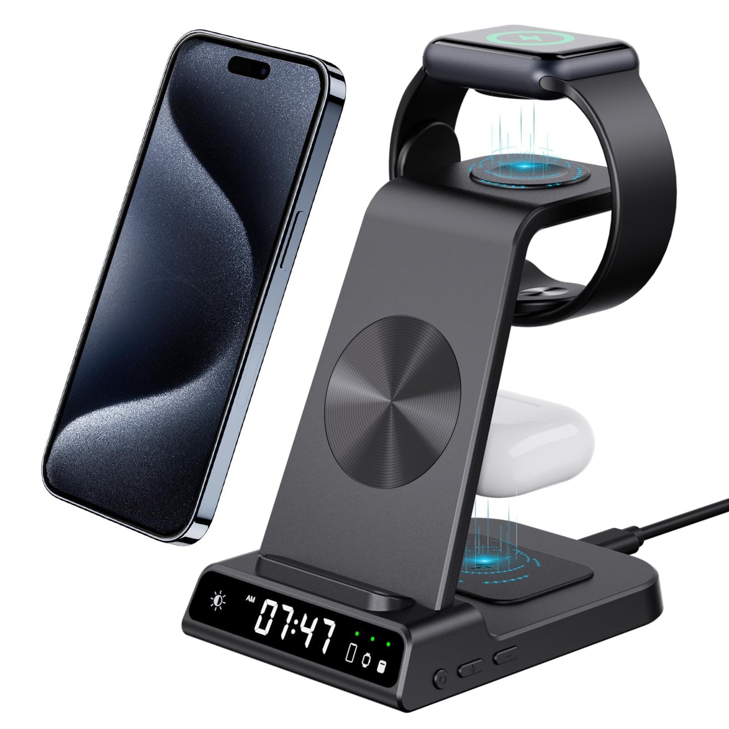 3 in 1 Wireless Charging Station for iPhone Devices with Digital Clock, 18W Fast Wireless Charger for iPhone 17/16/15/14/13/12 Series, Charging Dock