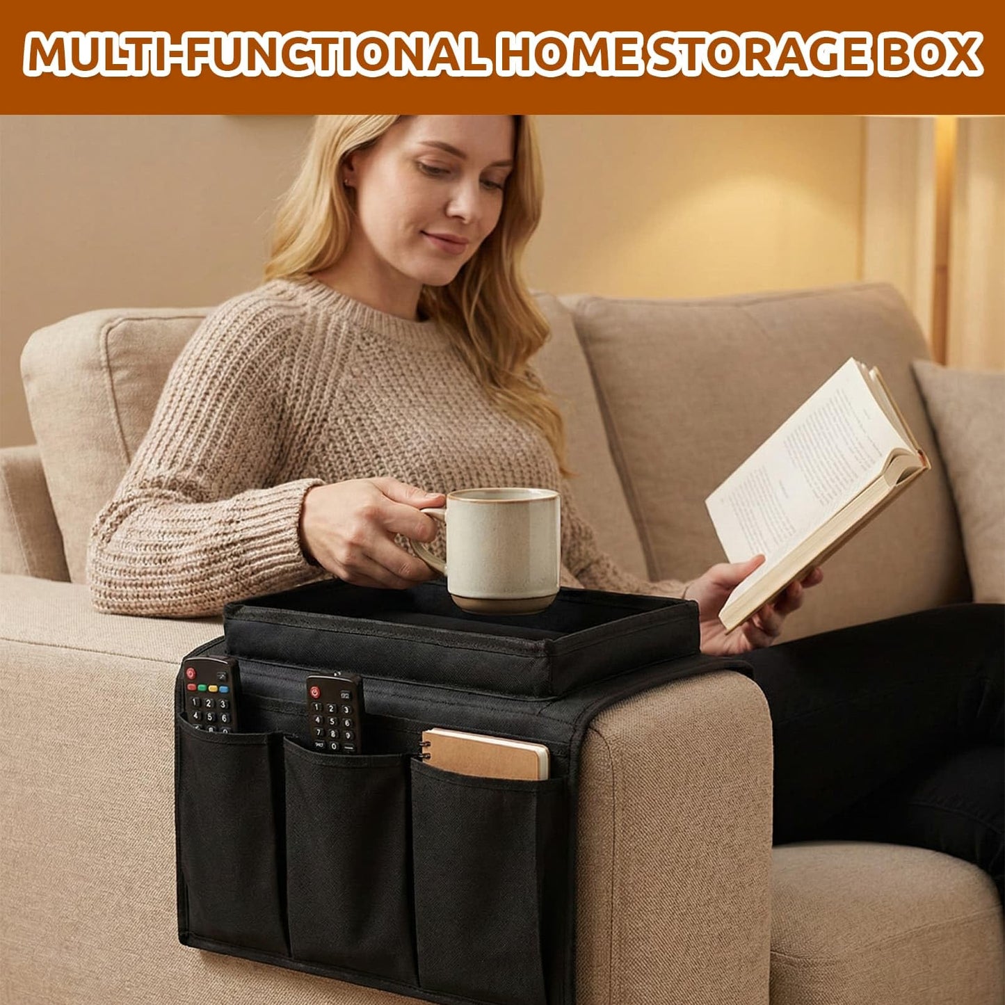 Jovrelant Sofa Armchair Tray Organizer Waterproof Non-Slip Couch Cup Holder with 4 Pockets for TV Remote Control, Snacks & Drinks Storage