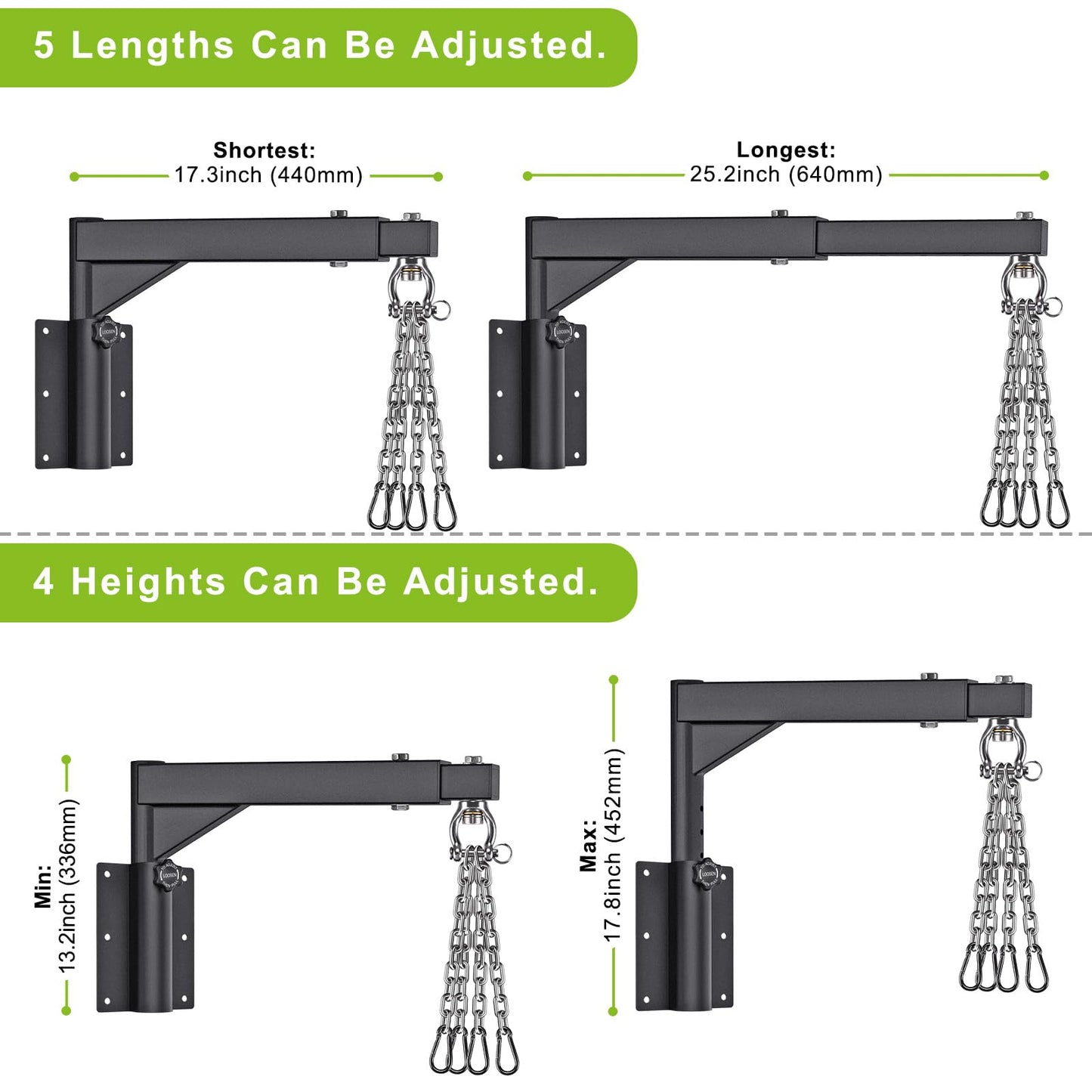 BeneLabel Punch Bag Bracket, Boxing Bag Wall Stand Frame Heavy Duty Speed Bag Hanger Silent Rotation Chain Carabiner with Adjustable 44-64cm