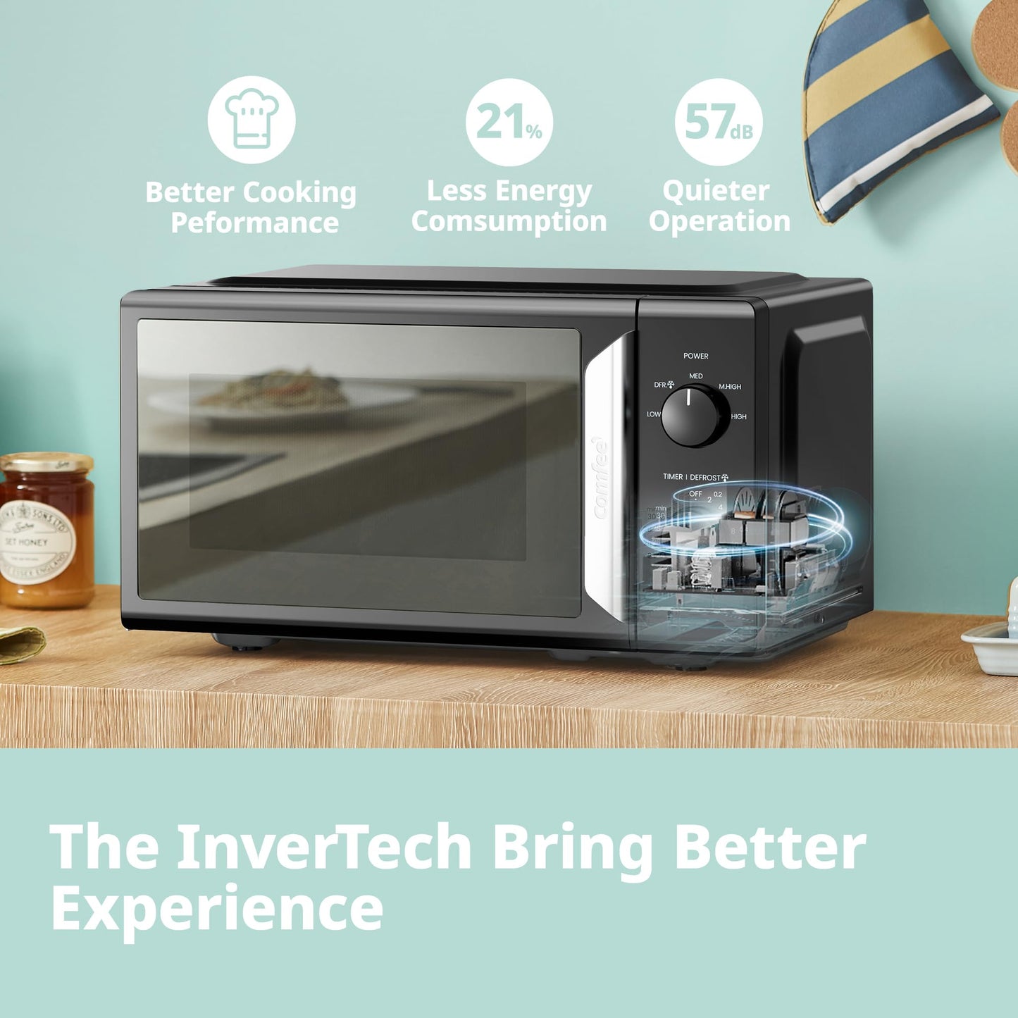 COMFEE' 19L 700W Black and Mirror Mini Microwave Oven, Compact Design, InverTech and Quick Defrost Function, 5 Cooking Power Levels with Kitchen
