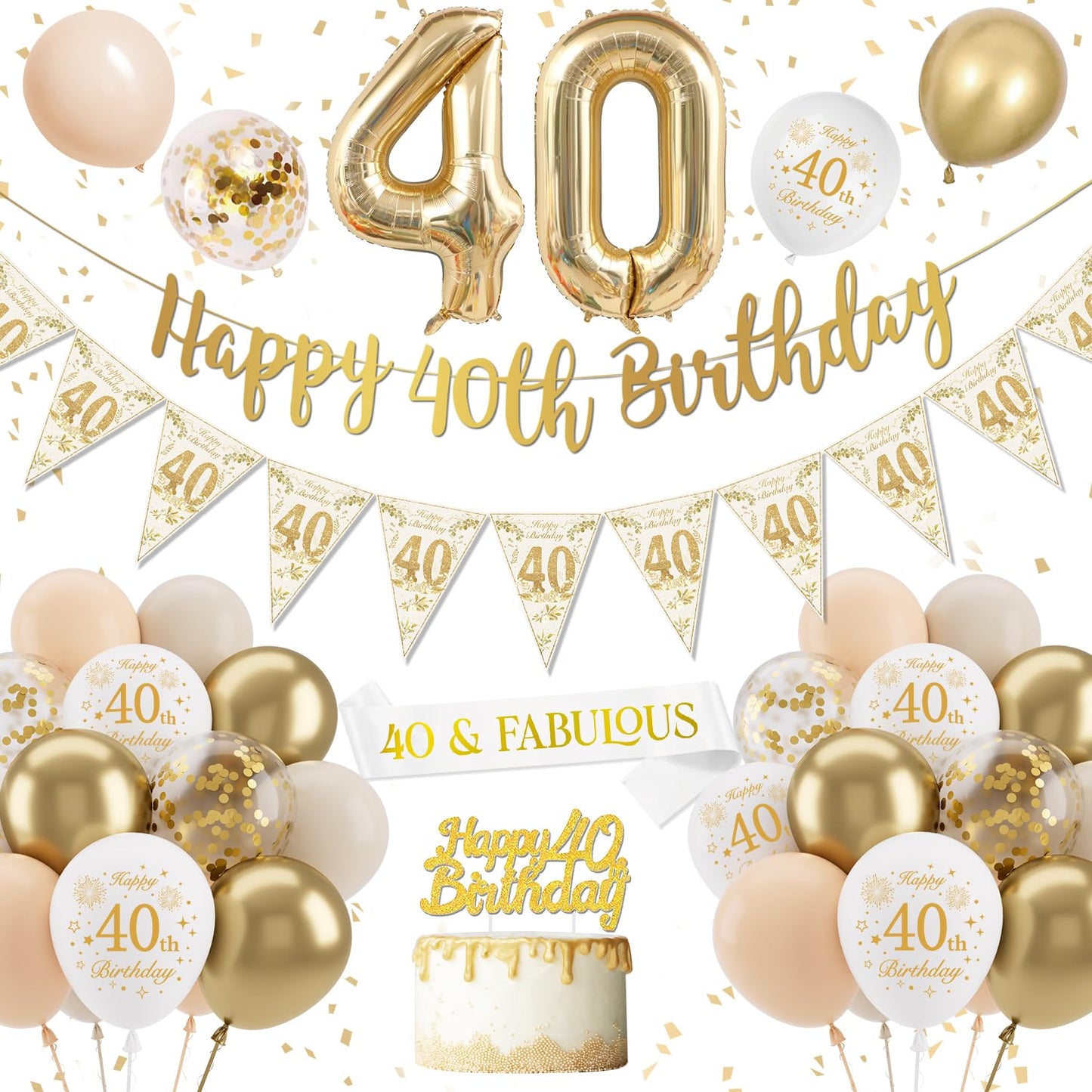 40th Birthday Decoration for Women - Gold Happy Birthday Banner, Sand White Balloons, Confetti Latex Balloons, Cake Topper for Party Decorations