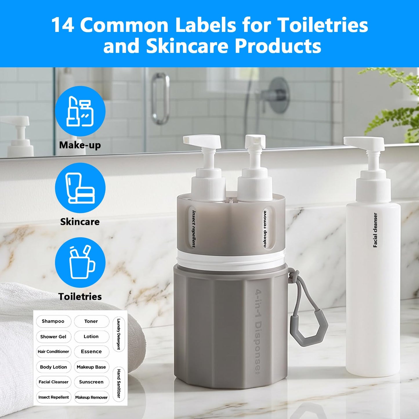Yotako 4 in 1 Travel Bottles Dispenser - TSA Leak Proof Refillable Silicone Squeeze Pump Dispenser Bottles with Suction Cup