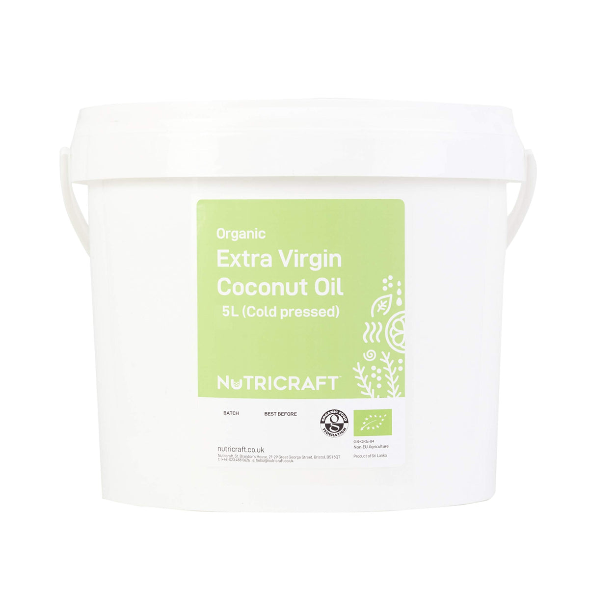 NutriCraft Organic Extra Virgin Cold-Pressed Coconut Oil - 5L bucket for bulk, wholesale, Pure Raw Coconut Oil for Cooking, Baking, Hair, Skin,