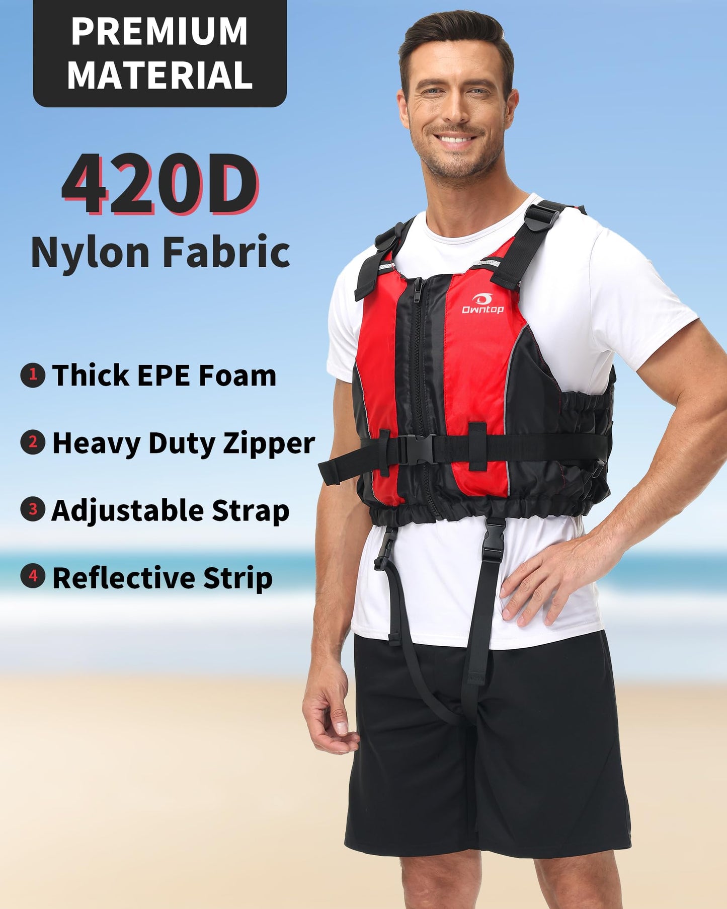 Owntop Buoyancy Aids Adults, Foam Buoyancy Vest Jacket with Crotch Strap Inner Pocket Unisex for Paddleboarding Kayaking Sup Fishing - Red XL/XXL