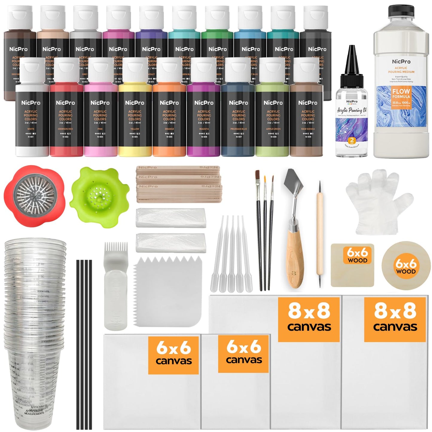 Nicpro Acrylic Pour Kit, Artist Starter Supplies Including 19 Colors Acrylic Paints, Pouring Medium, Silicone Oil, Canvases, Gloves, Strainers,