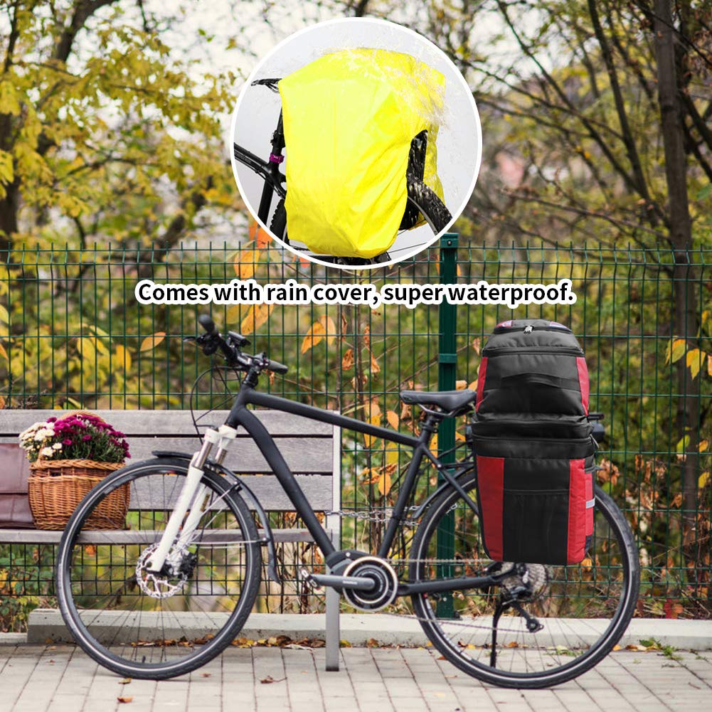 PELLOR 70L Waterproof 3 in 1 MTB Bike Rear Bicycle Pannier Bags Bike Rack Bag with Rain Cover (Red)
