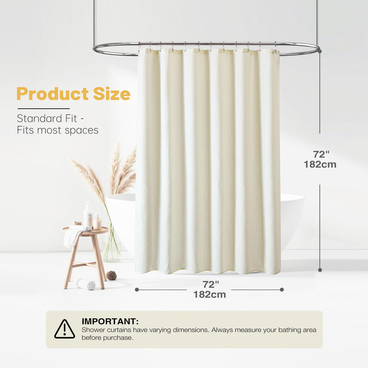BTTN Waffle Weighted Shower Curtain, Waterproof, 182x182cm, Beige/Cream
