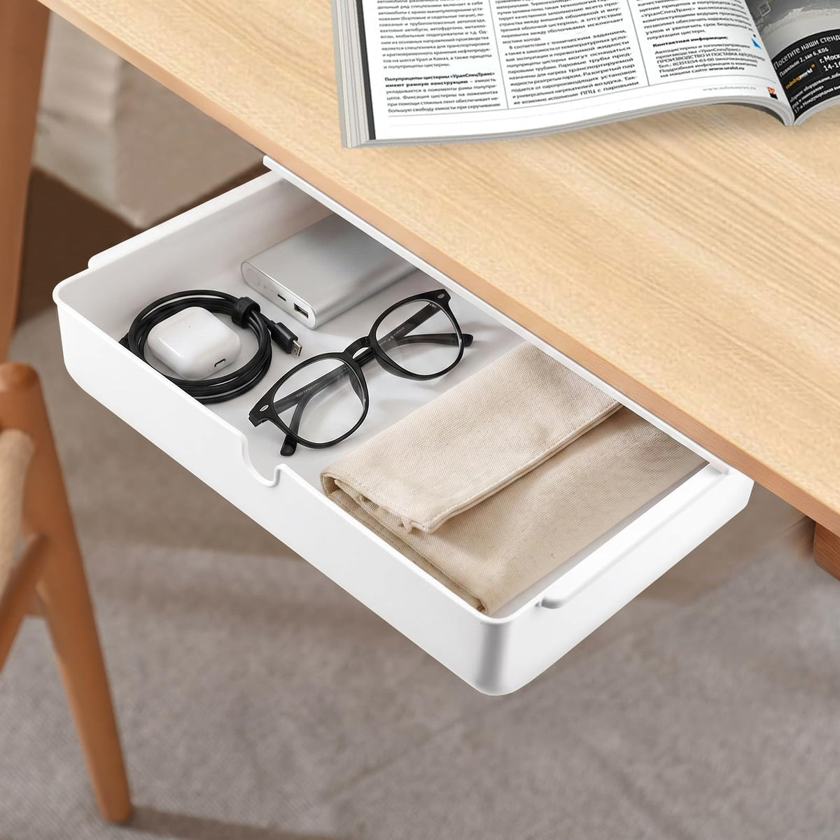 ECVUKQ Under Desk Drawer, 33 × 23 × 8.5cm Under Desk Storage Self-Stick Table Organiser Hidden Under-Shelf Drawer for Office Home School Large Size