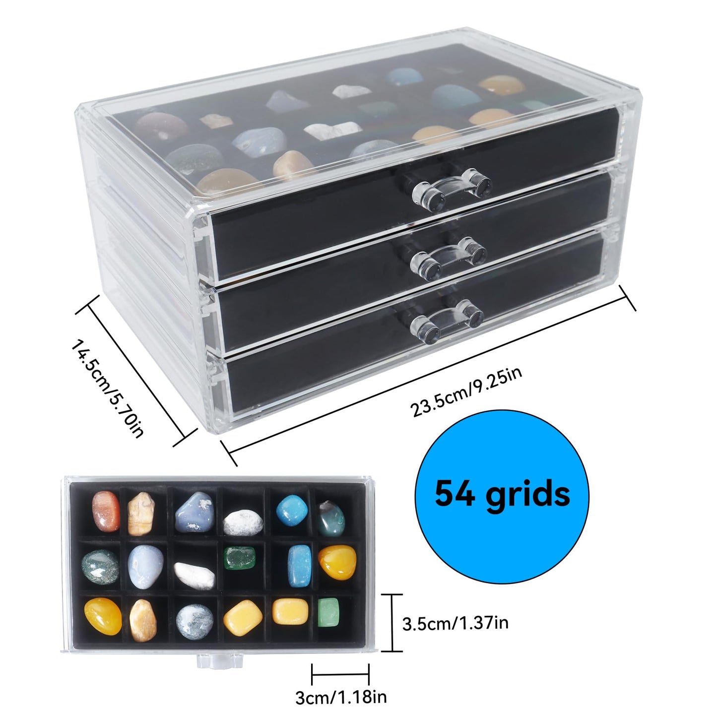Dmnnlp Rock Display Case, 3 Drawers 54 Grids Rock Collection Box, Storage Cases for Gemstone Fossil Crystal Stone Jewellery (Black)