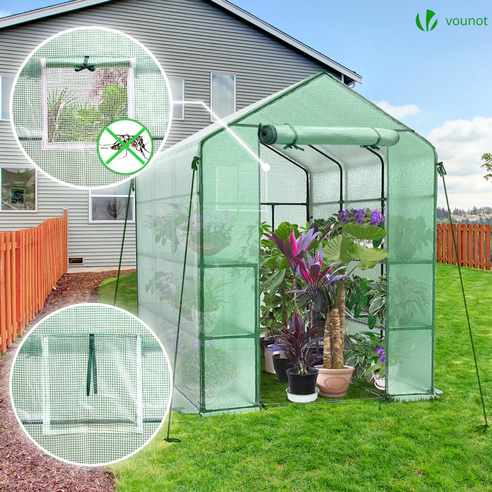 VOUNOT? Walk In Greenhouse with Shelves, Portable Plastic Green House for Garden & Outside, Large Growhouse, Green 143x215x195cm