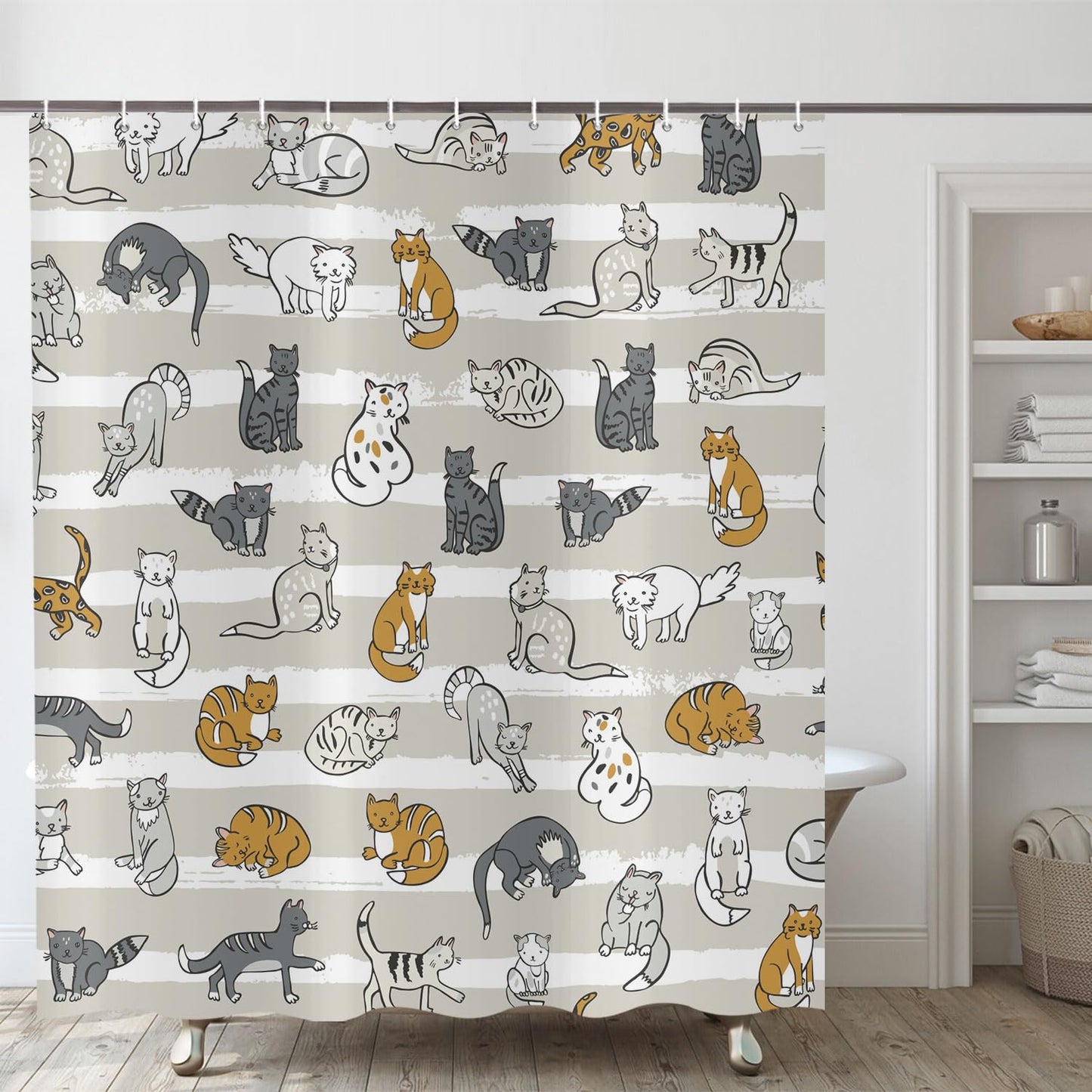 ASDCXZ Funny Cat Shower Curtain 180x200 cm, Cute Cartoon Pet Cat Colorful Kitten Children Animal Waterproof Bath Curtain Polyester Textile Washable