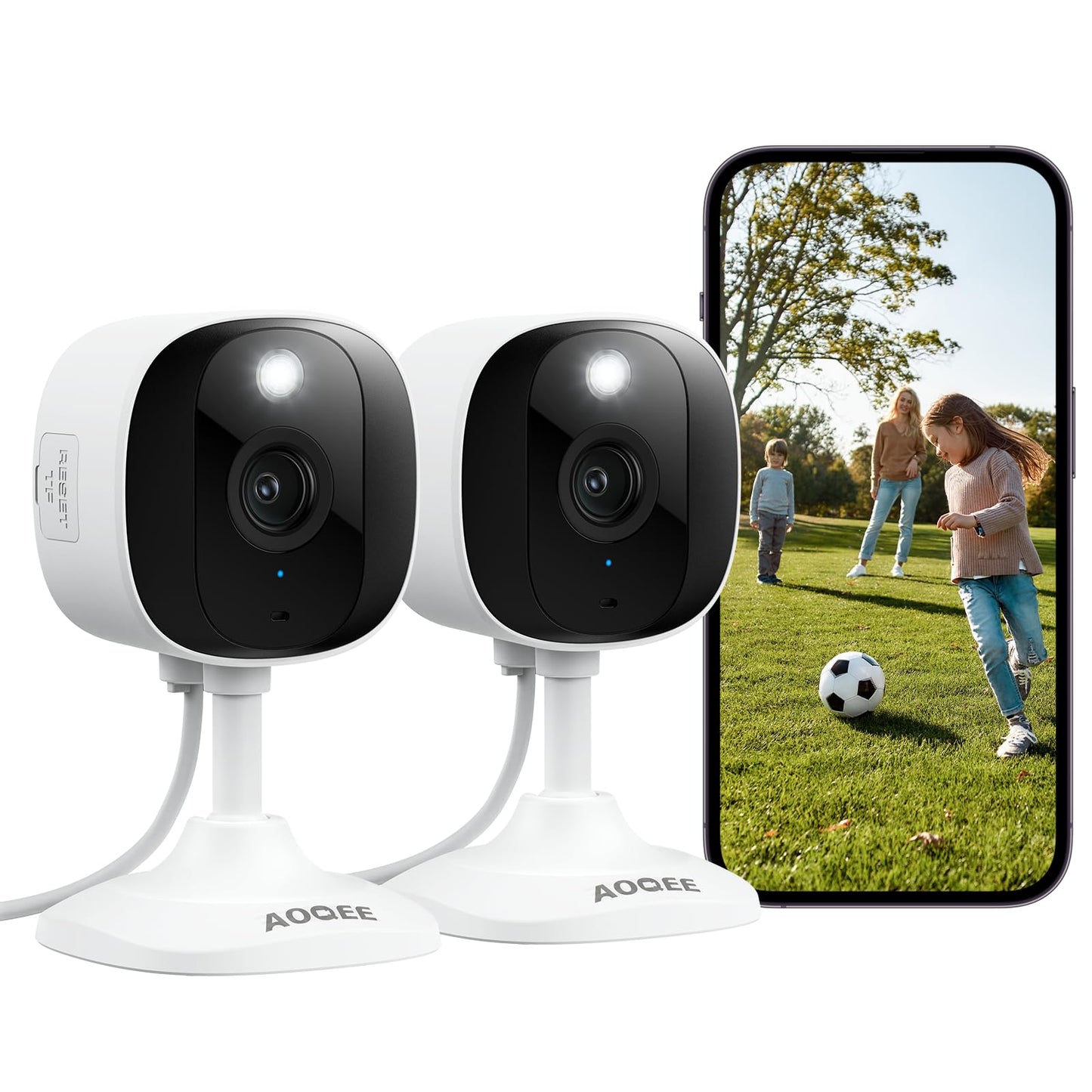 AOQEE Indoor Security Camera 2 Packs - 2K Pet Dog Camera for Baby Monitor, CCTV House Security, Human Detection, IP65 Waterproof, 24/7 Storage, Colour