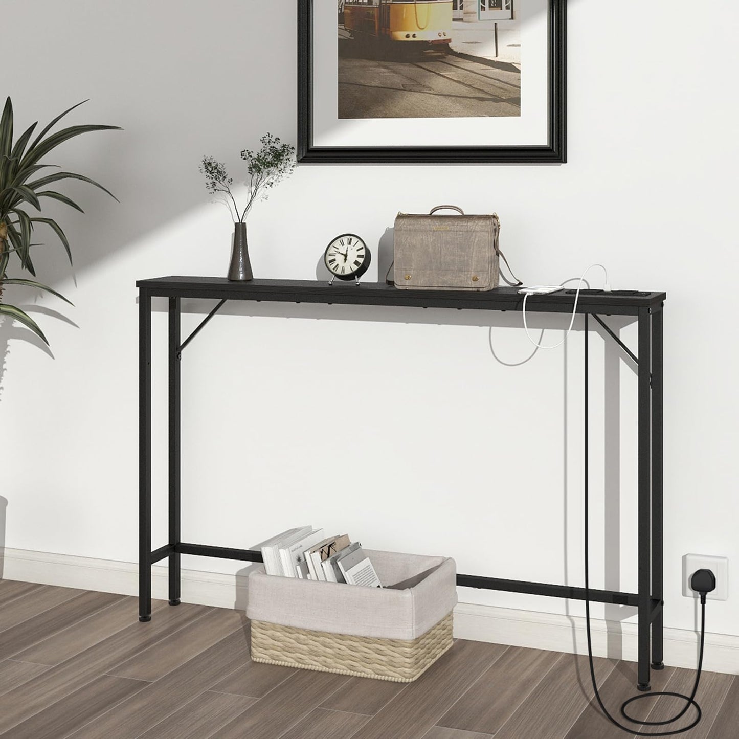 VEDECASA 5.9" Skinny Console Table with Charging Station Narrow Long Behind Couch Table with Power Outlets USB Ports Slim Sofa Table for Entryway