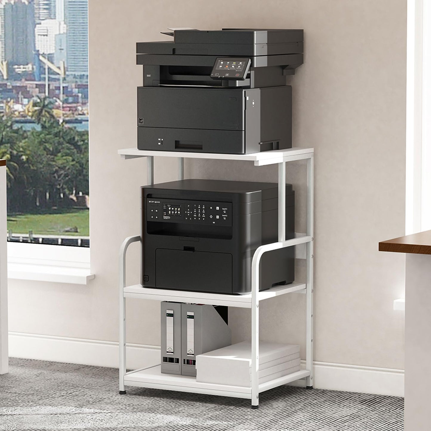 3-Tier Printer Stand, Large Printer Table on Wheels, Movable Printer Stand with Storage, Rolling Printer Cart for Fax Scanner Files Media Player