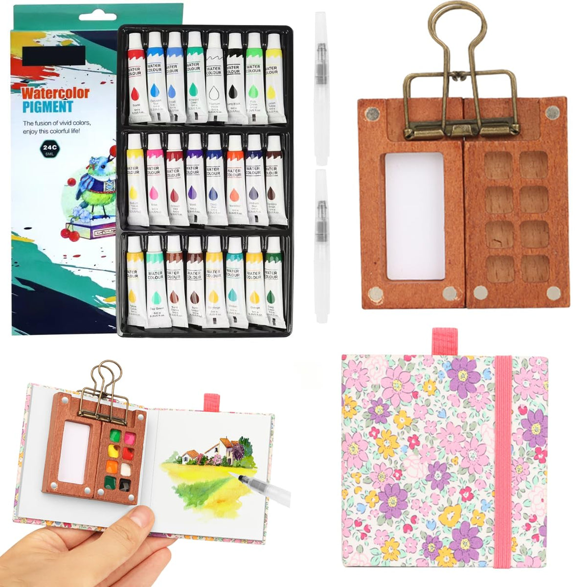 Mini Watercolour Paint Set Travel Watercolour Set,8 Grids Wood Pocket Artist Palette Kit with Metal Clip,12 Colors for Pocket Artist Watercolour Gift